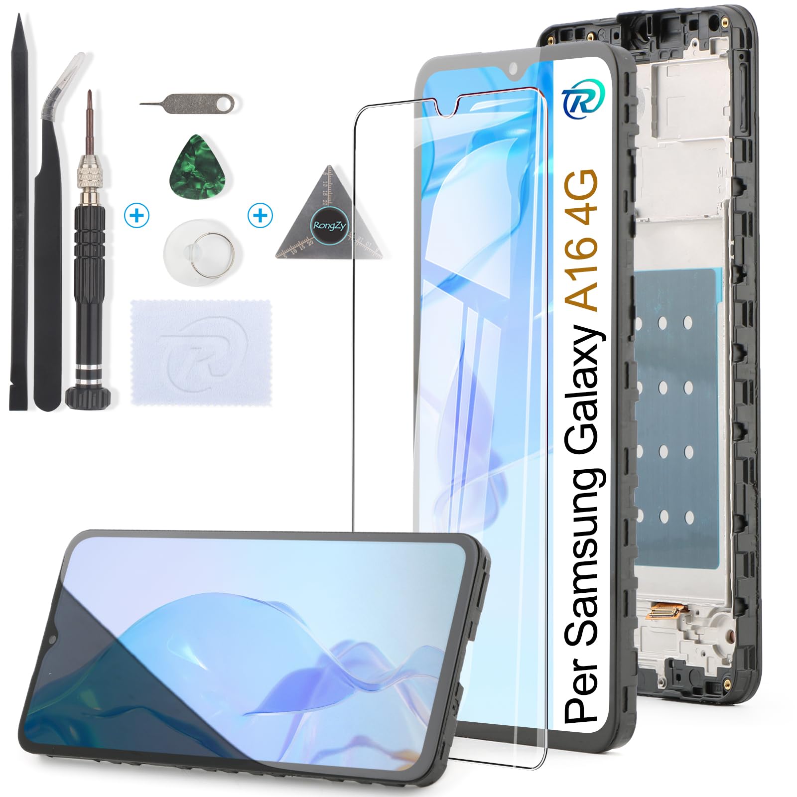 RongZy LCD Schermo per Samsung Galaxy A16 4G Display di Ricambio Touch Screen Digitizer Parti di Riparazione per Galaxy A16 4G SM-A165F/A165M LCD Display con Strumenti(Nero con Cornice, 6.7")