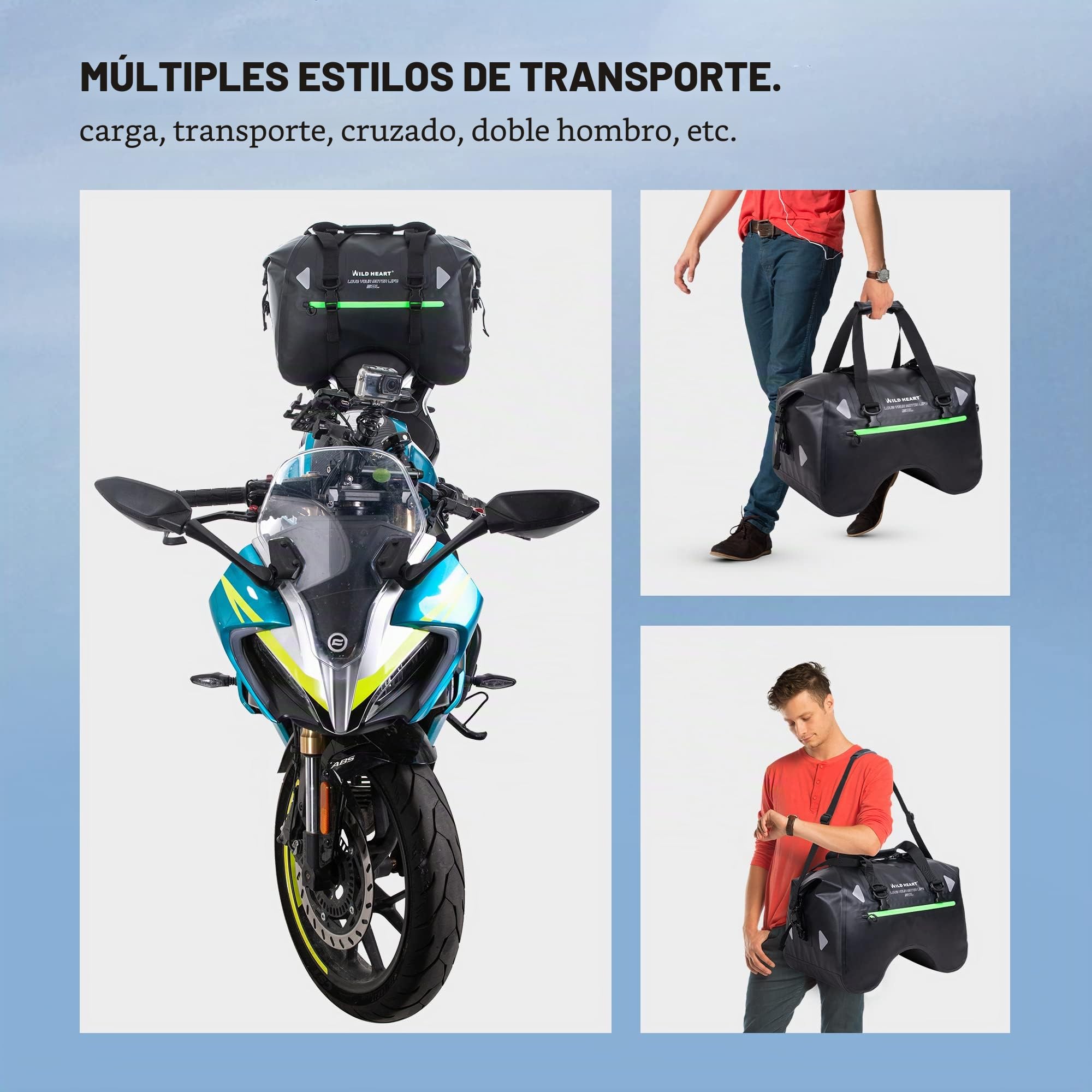 WILD HEART Bolsa de Asiento Trasero de Motocicleta en Forma de U 50L Impermeable Cola Bolsa de Lona Equipaje de Moto con Correa (Negro)