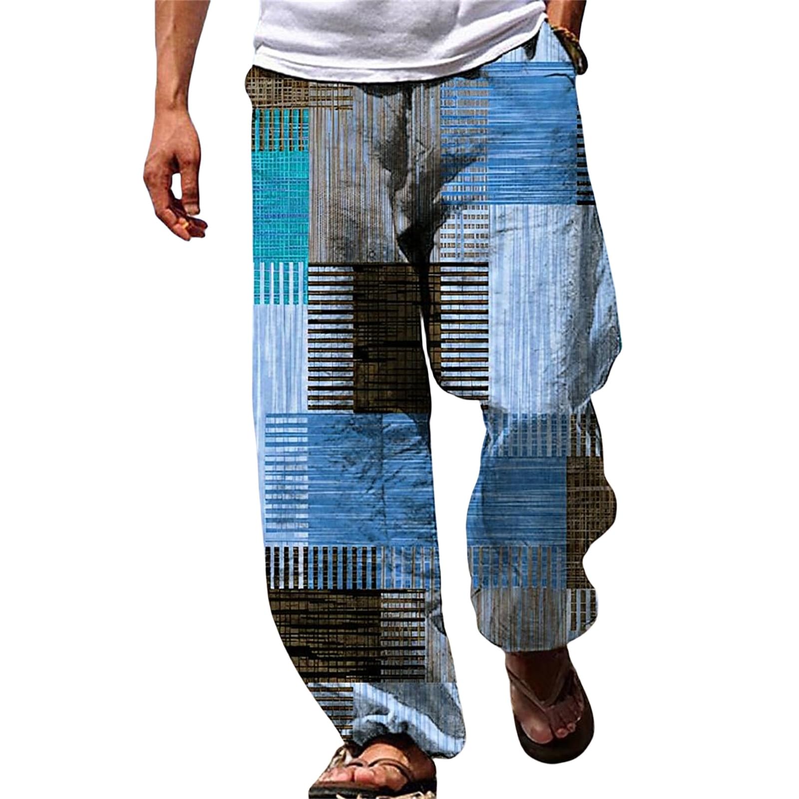 LGHLMCL Men's Summer Pants Lounge Drawstring Print Pants Elastic Waist Baggy Trouser Outdoor Beach Thin Trousers with Pockets