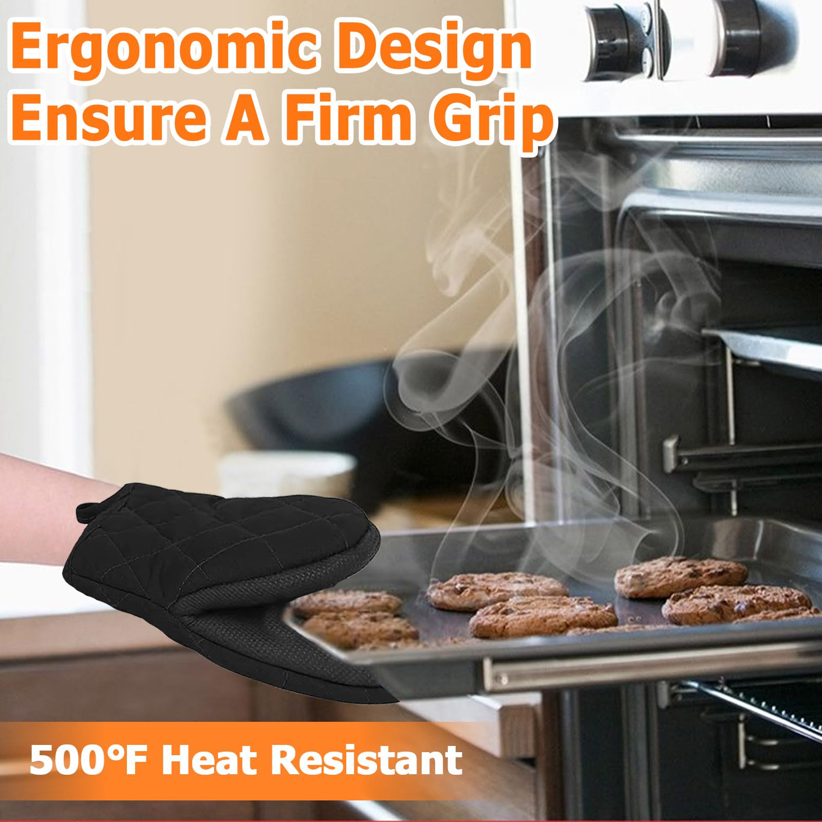 1 Pair of Black Oven Gloves Heat Resistant, Premium Reusable Cotton Oven Mitts with Hanging Loop, Washable Non-Slip Kitchen Gloves and Insulating Mat for Baking, Grilling, Barbecue, Cooking, Microwave - Image 4