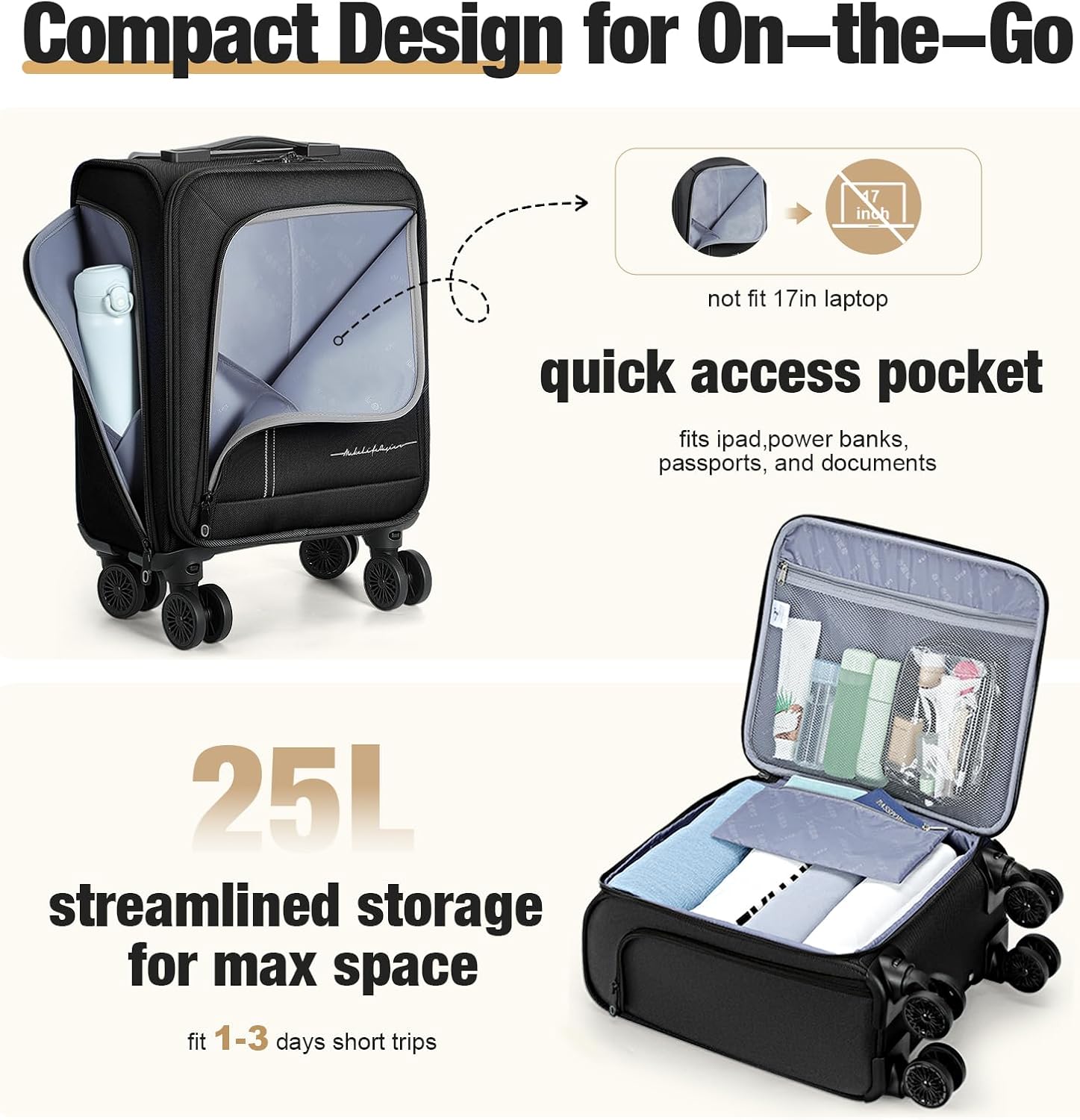 Softside Carry on Luggage Airline Approved, 17 Inch Underseat Carry-on Luggage with Removable Spinner Wheels, Small Personal Item Suitcase for Travel Business (Black, 17 inch_Underseat) - Image 7