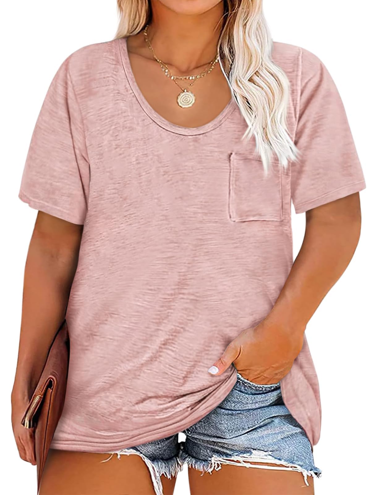 Cicy Bell Damen Große Größen T-Shirt Kurzarm Rundhalsausschnitt Oversized Sommer Tops Plus Size Lockere Oberteil mit Taschen