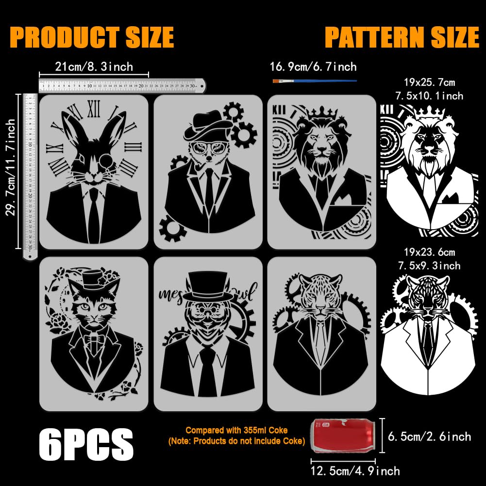 FINGERINSPIRE 6 PCS Retro Mechanical Animals Painting Stencil with a Art Paint Brush 8.3x11.7inch Reusable Rabbit Cat Owl Leopard Fox Lion Pattern Animals Theme Stencil for Painting on Wall Furniture