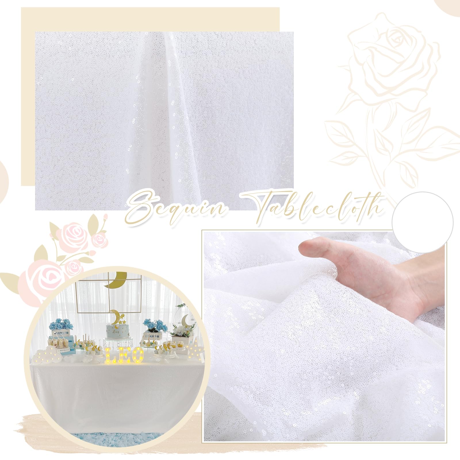 SoarDream Weiße Hochzeitstischdecke, 228 x 332 cm, Pailletten-Tischdecke, Glitzer-Tischwäsche für Party, Bankett, Zuhause, Kuchen, Desserts, Tischdekoration