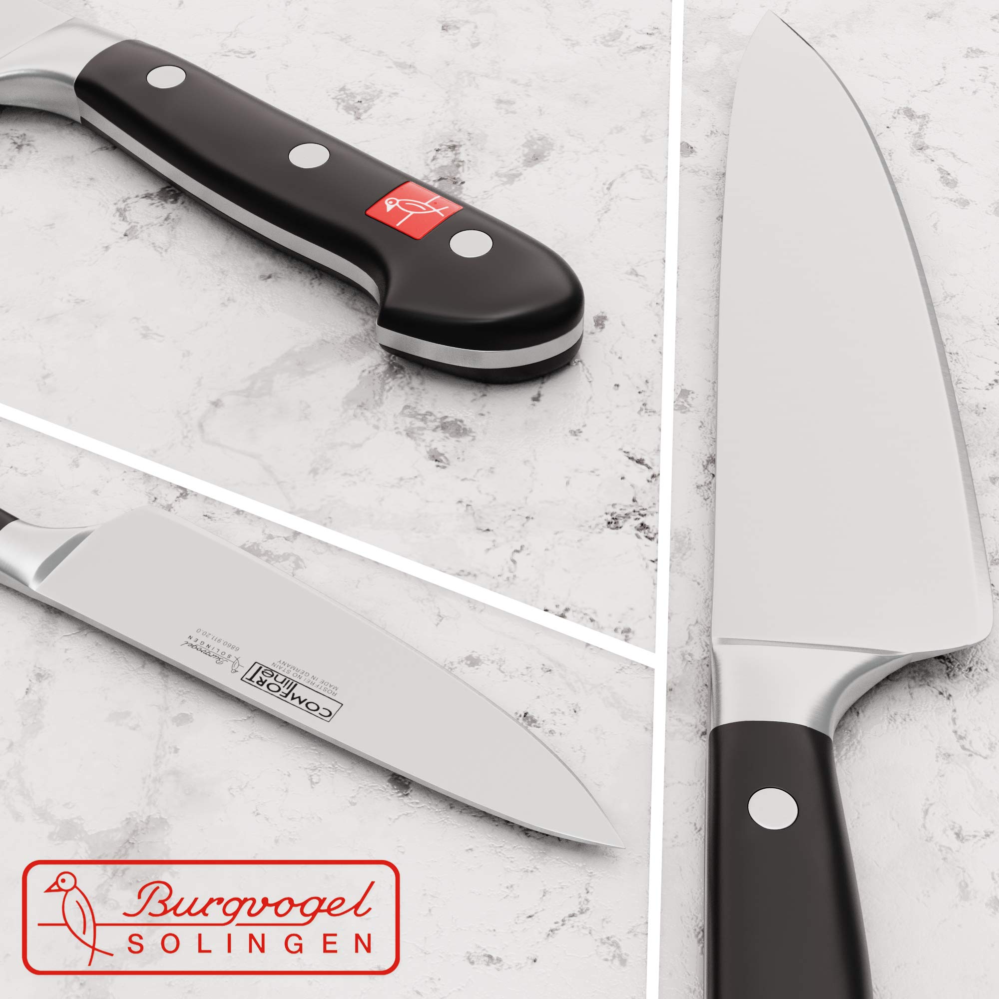 Burgvogel Solingen, Comfort Line, Cuchillo de cocinero, afilado, forjado, 20 cm, inoxidable, apto para lavavajillas, cuchillo de cocina de alta calidad, remachado, negro