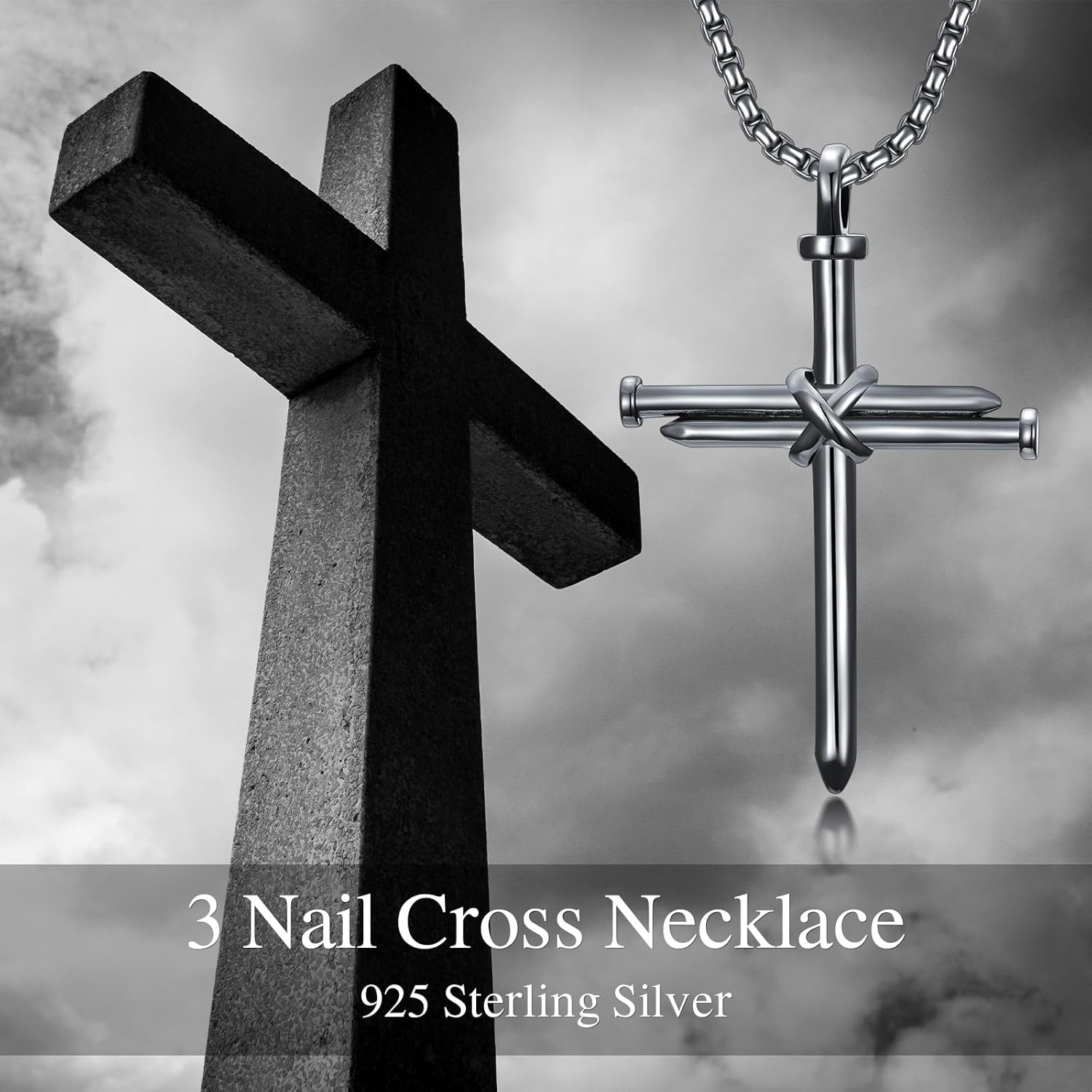Three Nail Cross Necklace 925 Sterling Silver 3 Nail Cross Pendant Christian Jewelry Gifts for Men 22+2" - Image 4