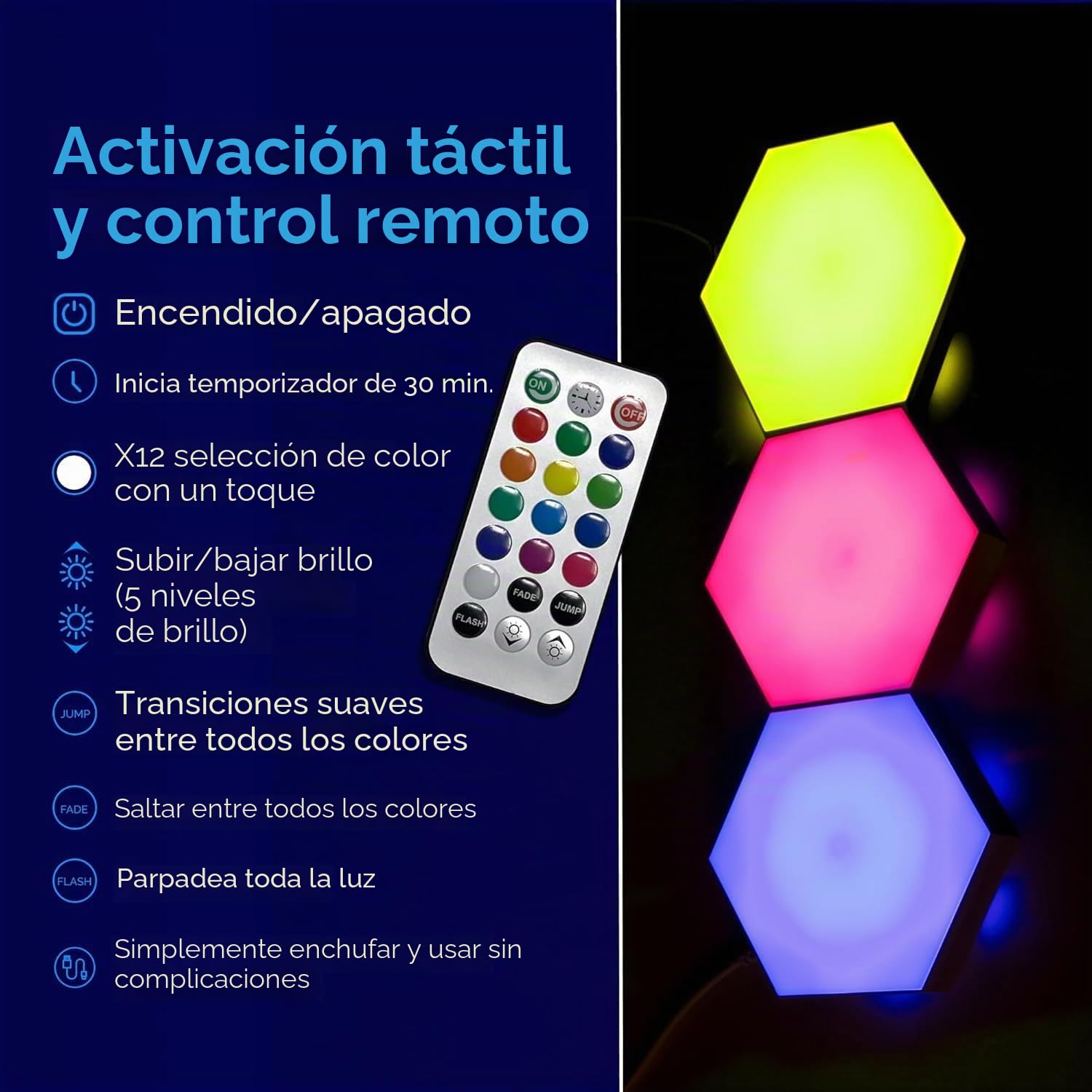 Emberela HEXlights - Luces sensoriales para niños, 3 unidades hexagonales táctiles, azulejos de luz controlados a distancia, luces de pared