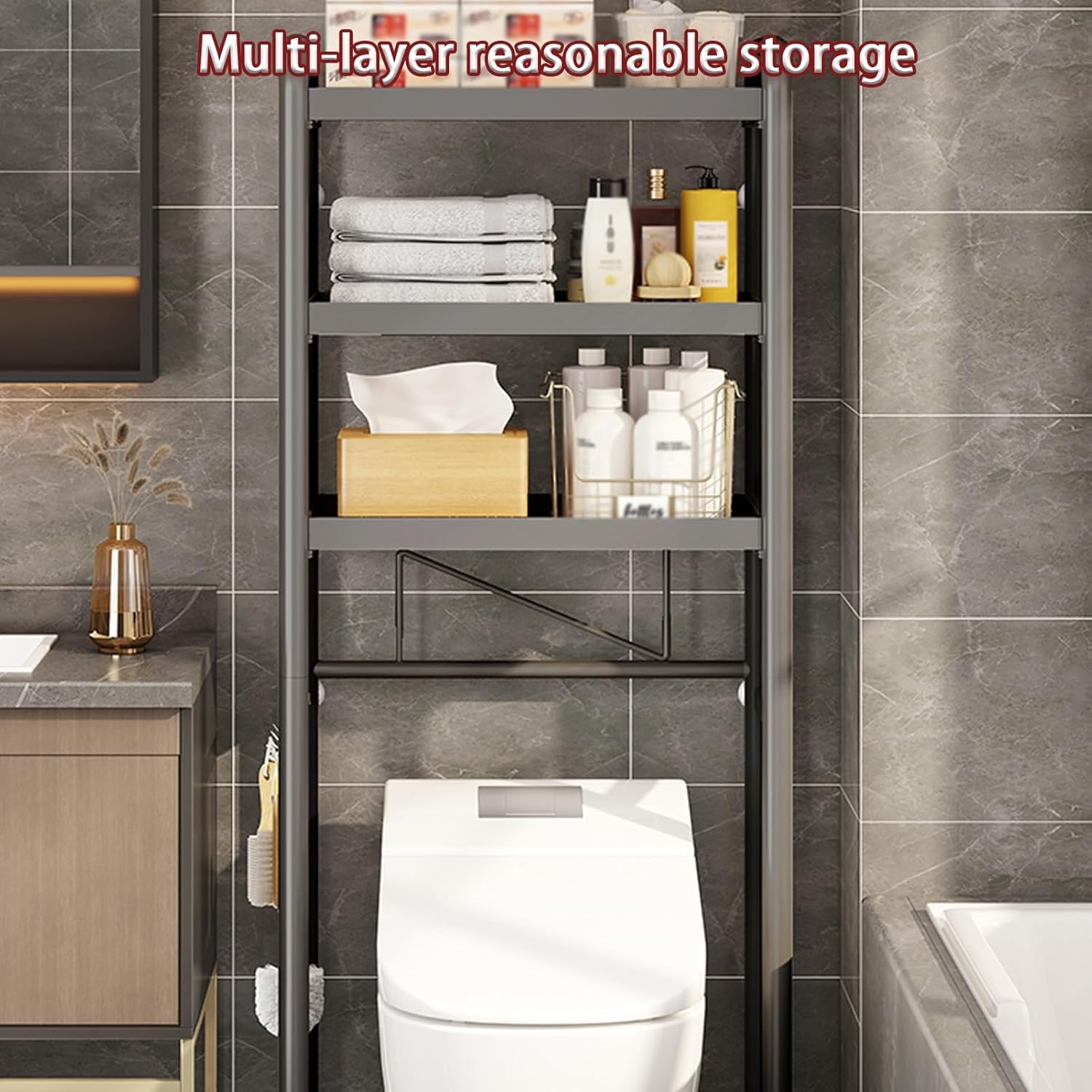 Over The Toilet Storage Cabinet, Bathroom Storage Over The Toilet, Metal Toilet Shelf, with Anti-Tip Device, Adjustable Foot Height, Fit Most Toilets(Black,135cm/53.1in)