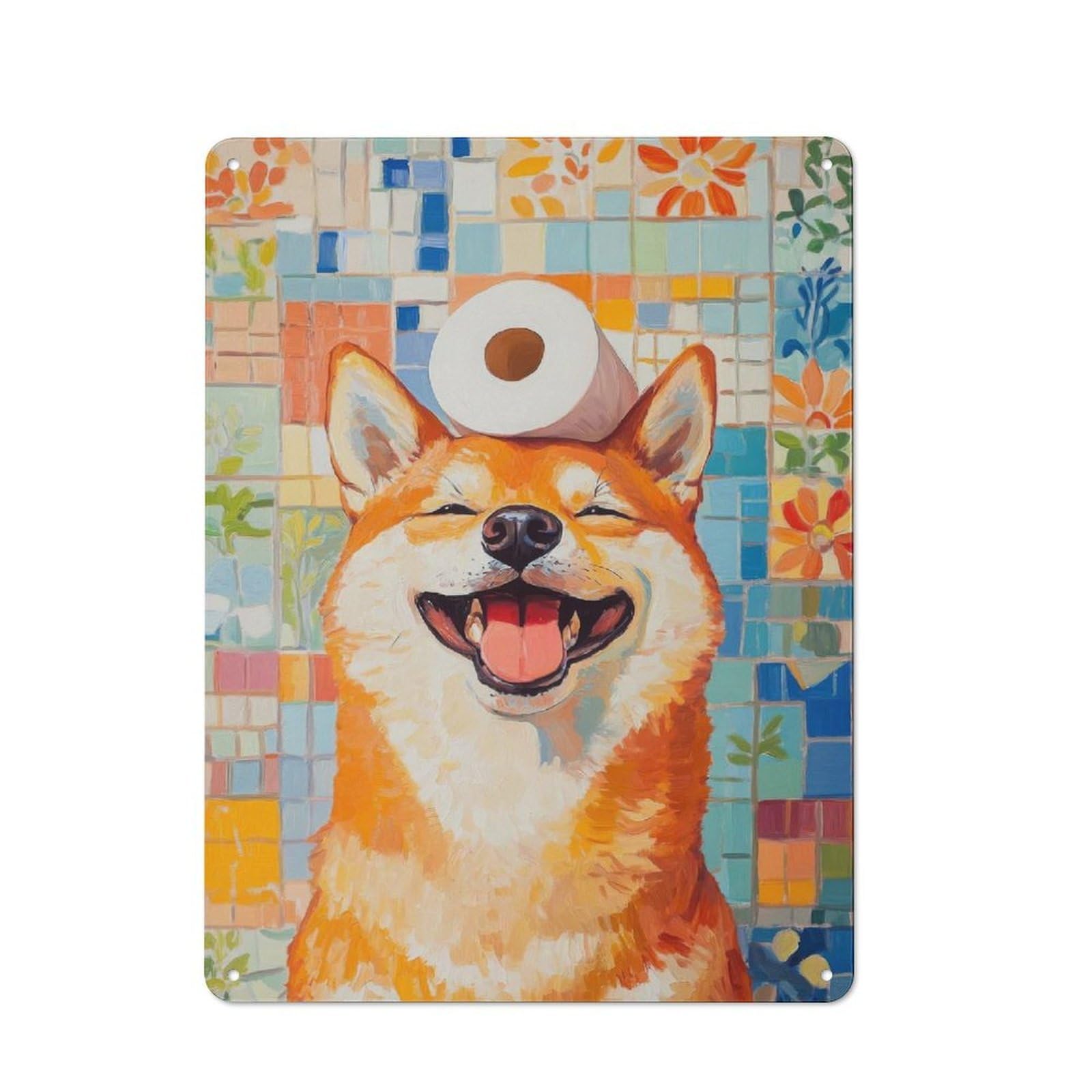 Cottage Tin Sign 40x30cm Featuring Smiling Shiba Inu with Toilet Paper, Porch Wall Decor for Shed, Garden Room, Porch Or Garage
