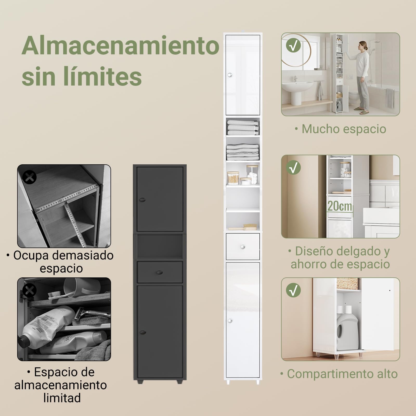 SoBuy Blanco Brillante Mueble Baño Estrecho Armario Columna 20x20x180cm | Estantería de Baño Alta con Cajón y Balda Ajustable Armario Auxiliar BZR167-GW