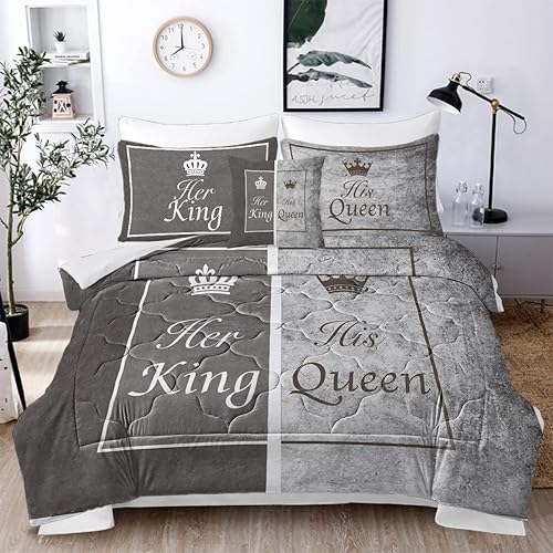 Bedmust Juego de edredón gris de 8 piezas para mujeres, hombres, ella, rey, él, pareja, juegos de ropa de cama suave y transpirable, corona gris en