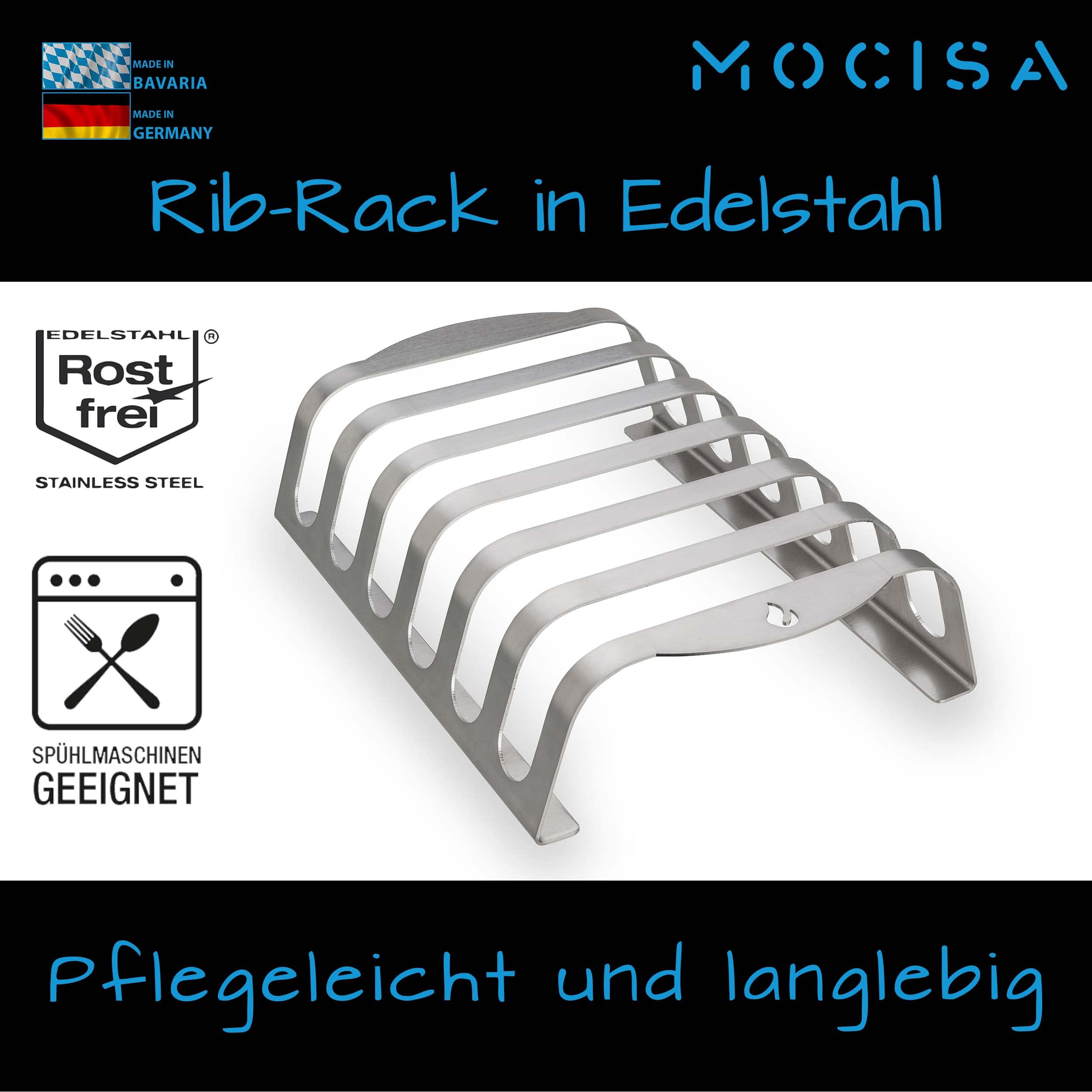 Rib-Rack Size XL (6er)| Rippchenhalter mit Griffen |Das Profi-Tool zum Rippchen-Grillen |Edelstahl | lebensmittelecht |hergestellt in Bayern |für 6 saftige und leckere Spare-Ribs |