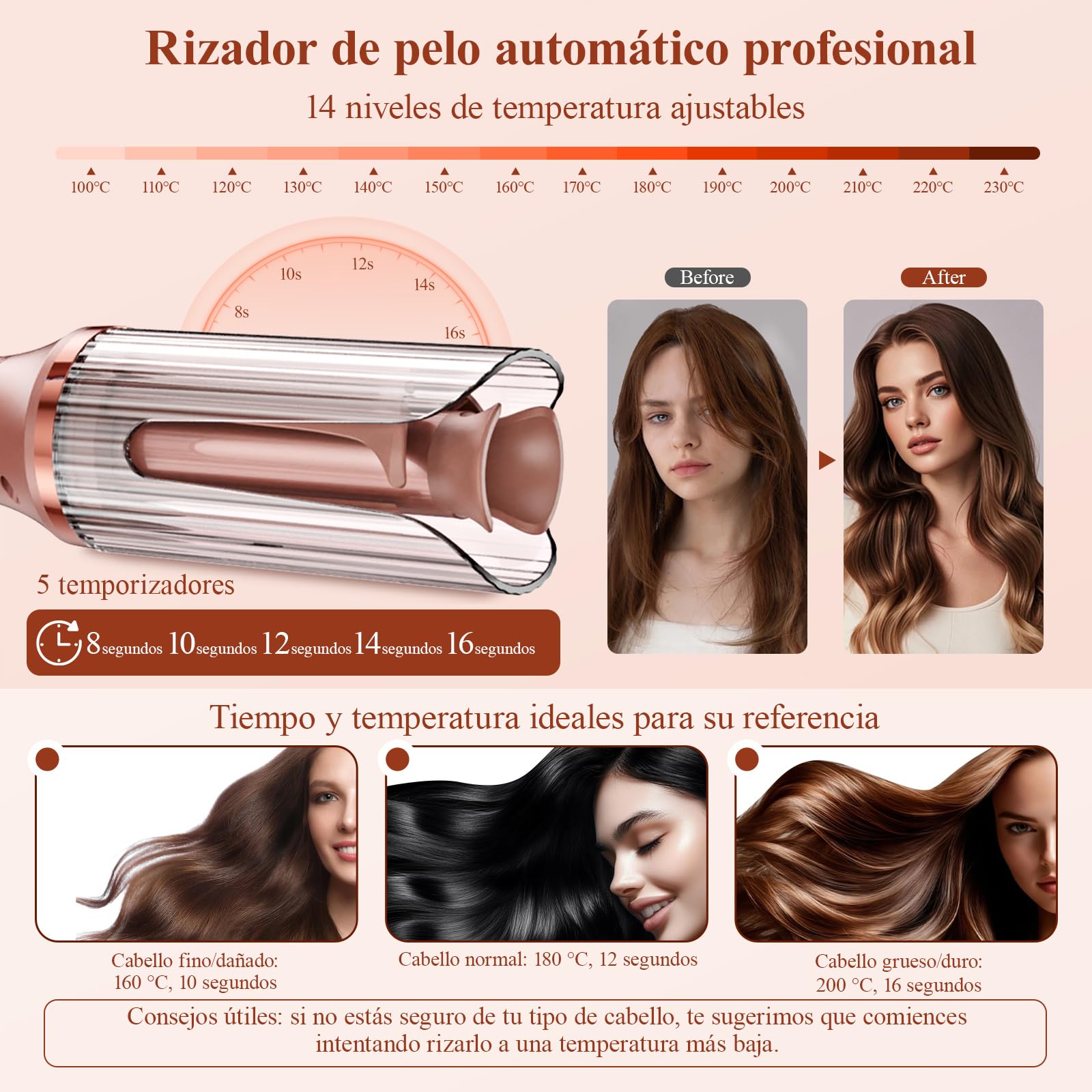 Rizador Automático Pelo 25 mm 14 Temperaturas 5 Temporizadores Pantalla LED Calentamiento Rápido