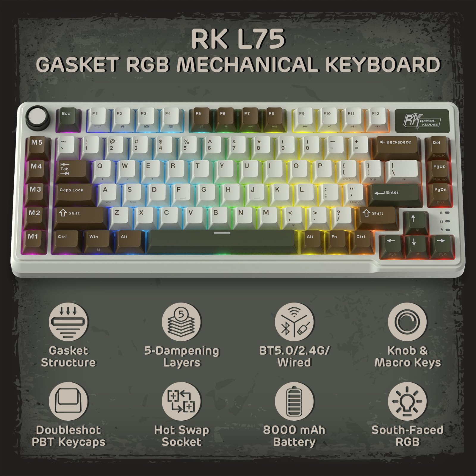 RK ROYAL KLUDGE L75 Klawiatura mechaniczna do montażu uszczelki z pokrętłem/klawiszami makro i dotykową tabliczką znamionową, Tri-Mode BT/2.4G/USB-C 75% TKL Wireless Keyboard, Hot Swap, Pro Software