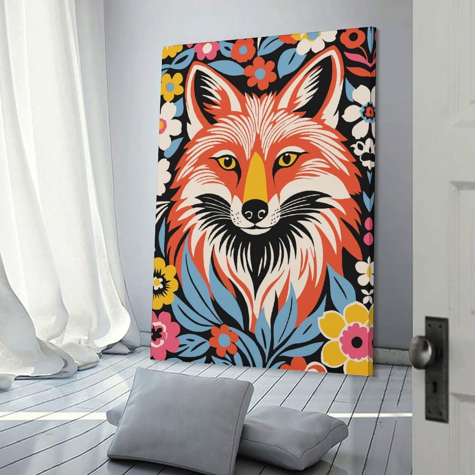 Junmoney Fox in Flowers Canvas Wall Picture 20x30inch(50x75cm), for Study, Office Or Focused Interiors, Home Office Artwork with Decorative Appeal