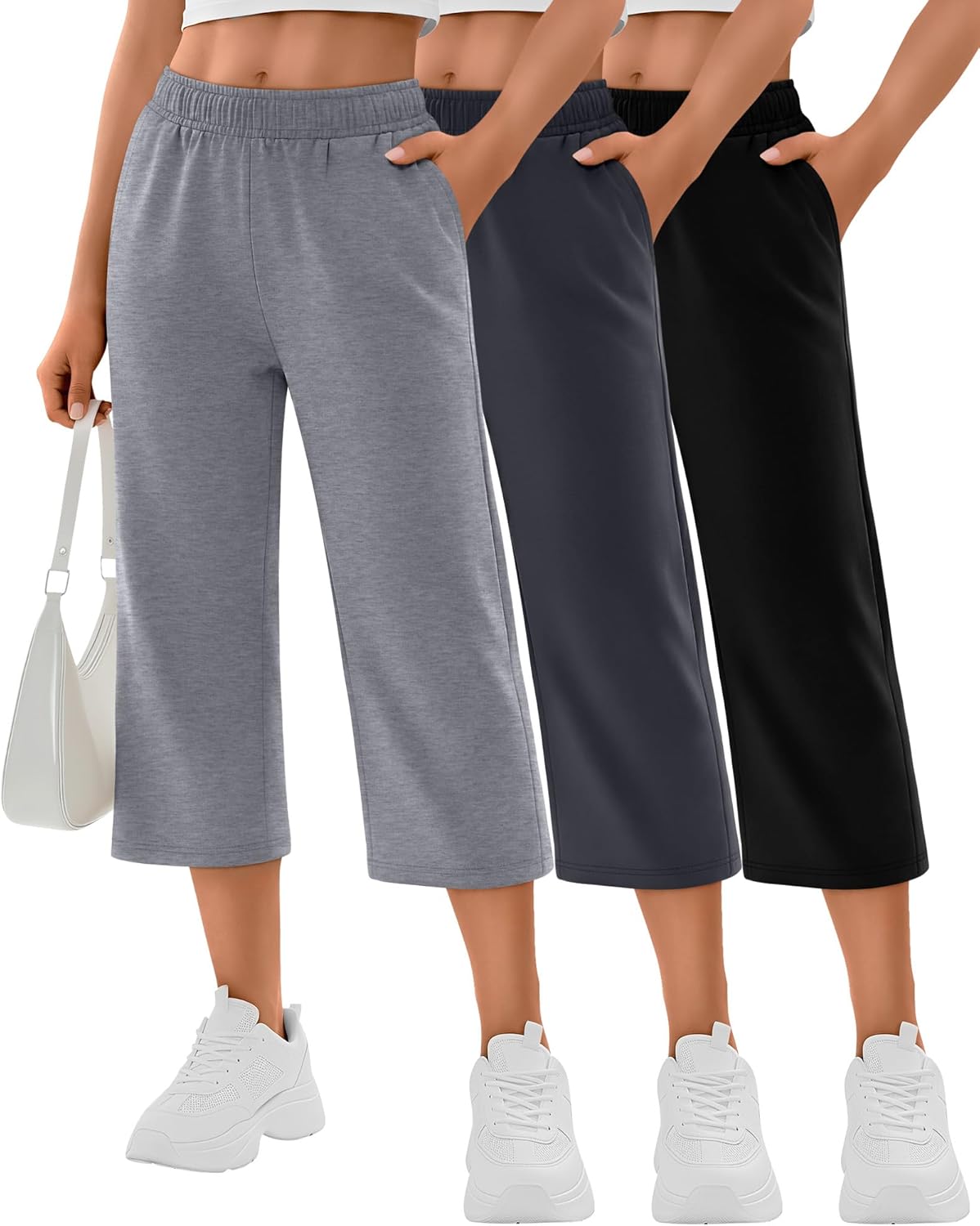 3 Pack Women's Capri Pants Wide Leg Yoga Sweatpants Casual Loose Summer Lounge Workout Cropped Jogger with Pockets