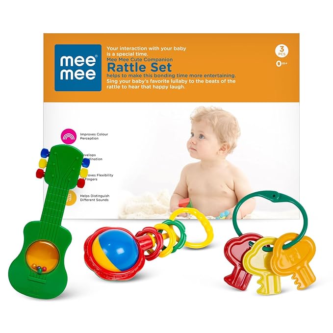 Mee Mee BPA Free Baby Rattles Set, Rattle Gift Set, Made of Food Grade Plastic, Grab Rattles and Soothing Teethers for Babies & Infants, Early Age Toys for Kids (Pack of 3, Multicolor)
