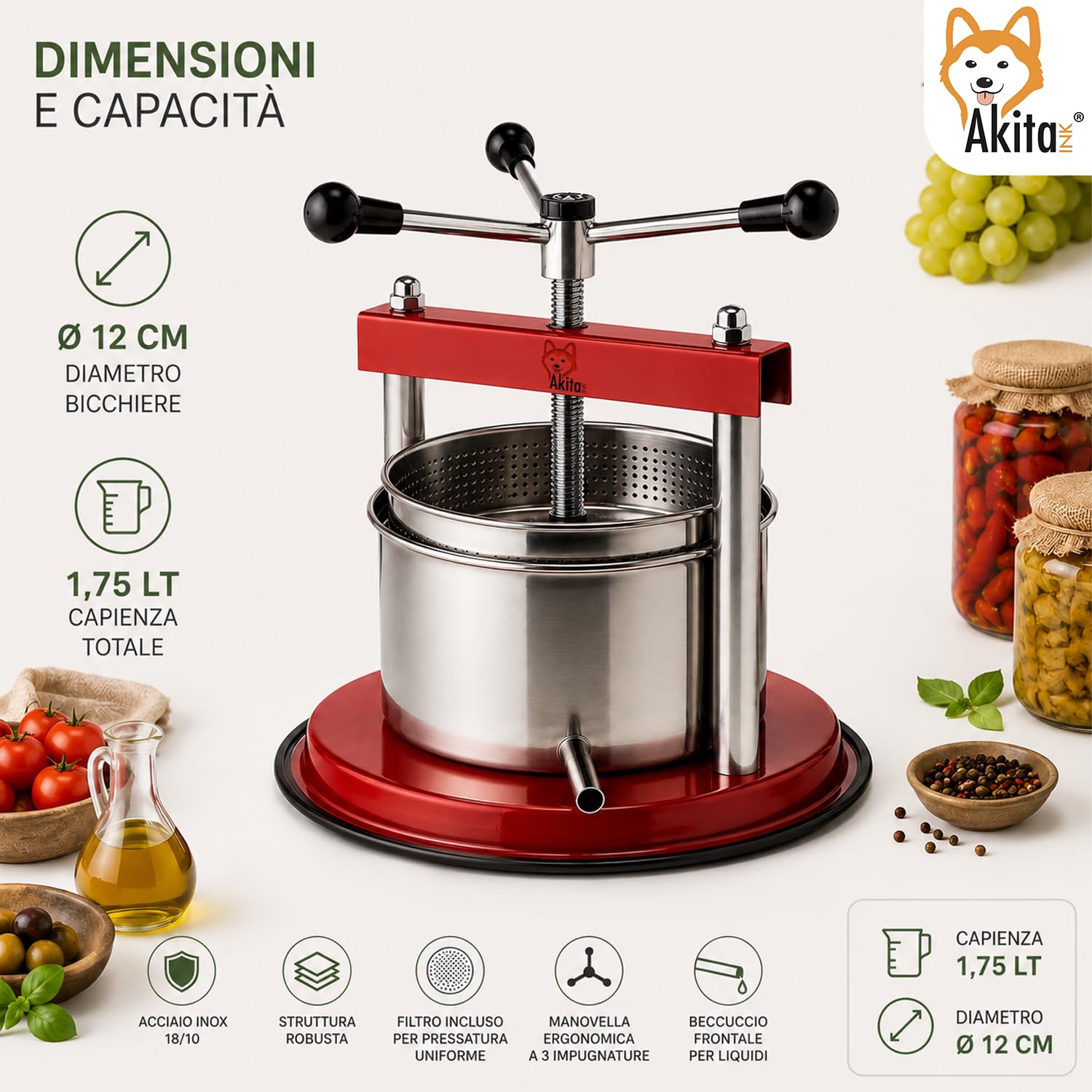 Akitaink Torchietto Manuale da Cucina 12 cm 1,75 L, Pressa con Bicchiere e Filtro in Acciaio Inox per Sottolio, Sottaceto, Carne e Frutta