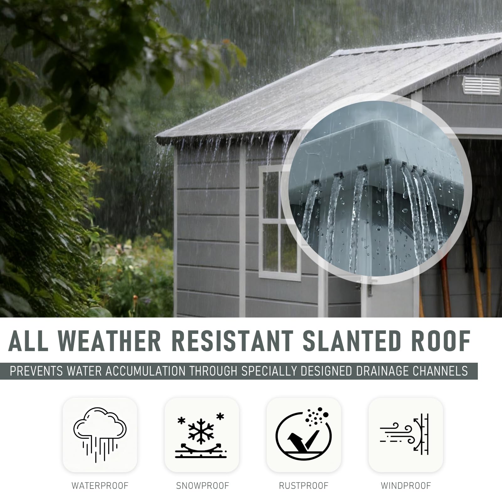 LARBANKE Gerätehaus wetterfest 9,03 m³, Kunststoff 255×182×230 cm, Gartenschuppen Inkl Boden und Dach, Fenster & Rampe,Abschließbare Doppeltür, Belüftung & Regenrinne, für Garten,Rasen und Terrasse