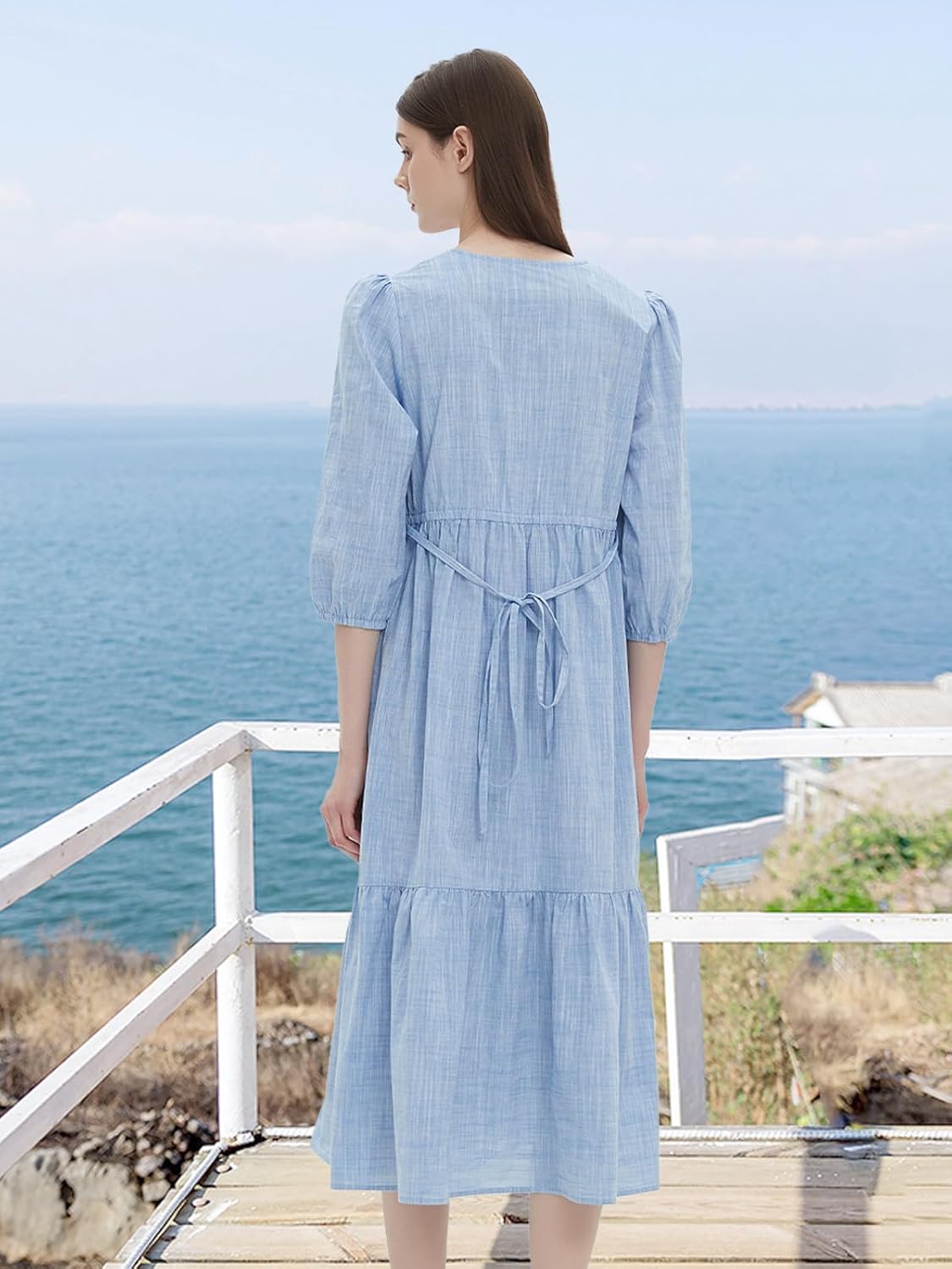 D-Sun Women's V Neck 3/4 Sleeve Maxi Dress Casual Button Down Tiered Ruffled Flowy Fall Long Dresses - Image 5