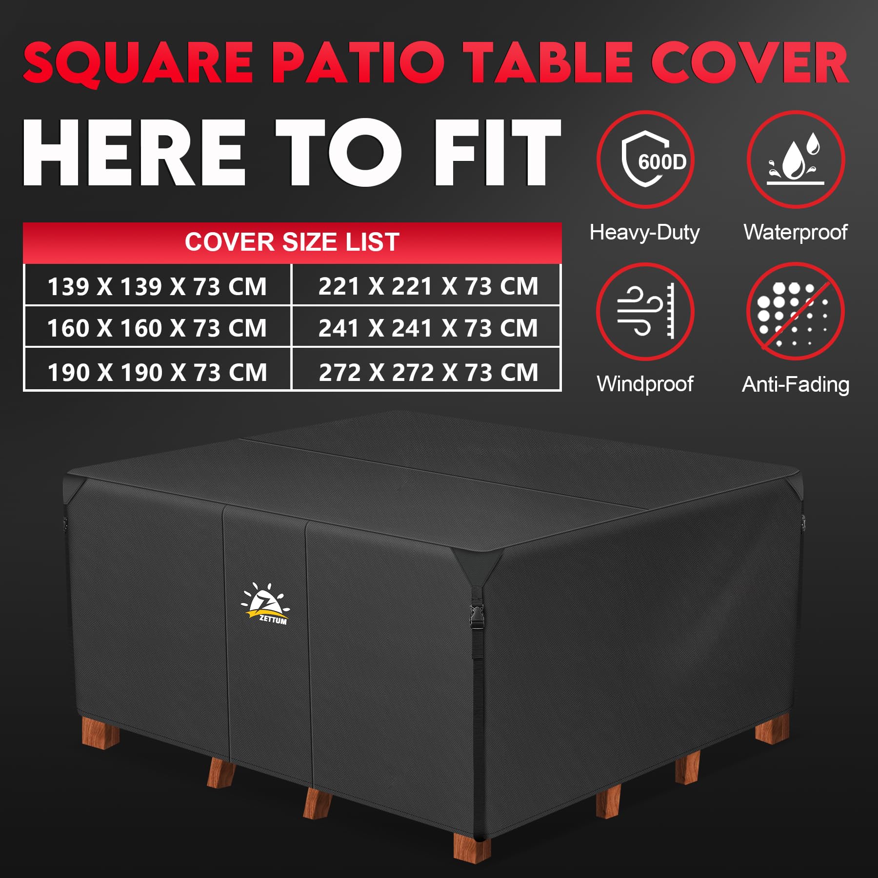 Zettum 221x221x73cm Outdoor Table Covers Waterproof Durable 600D Oxford Fabric Patio Table Cover for Garden Cube Rattan Sofa Chair Set Cover Heavy Duty Garden Furniture Covers - Image 3