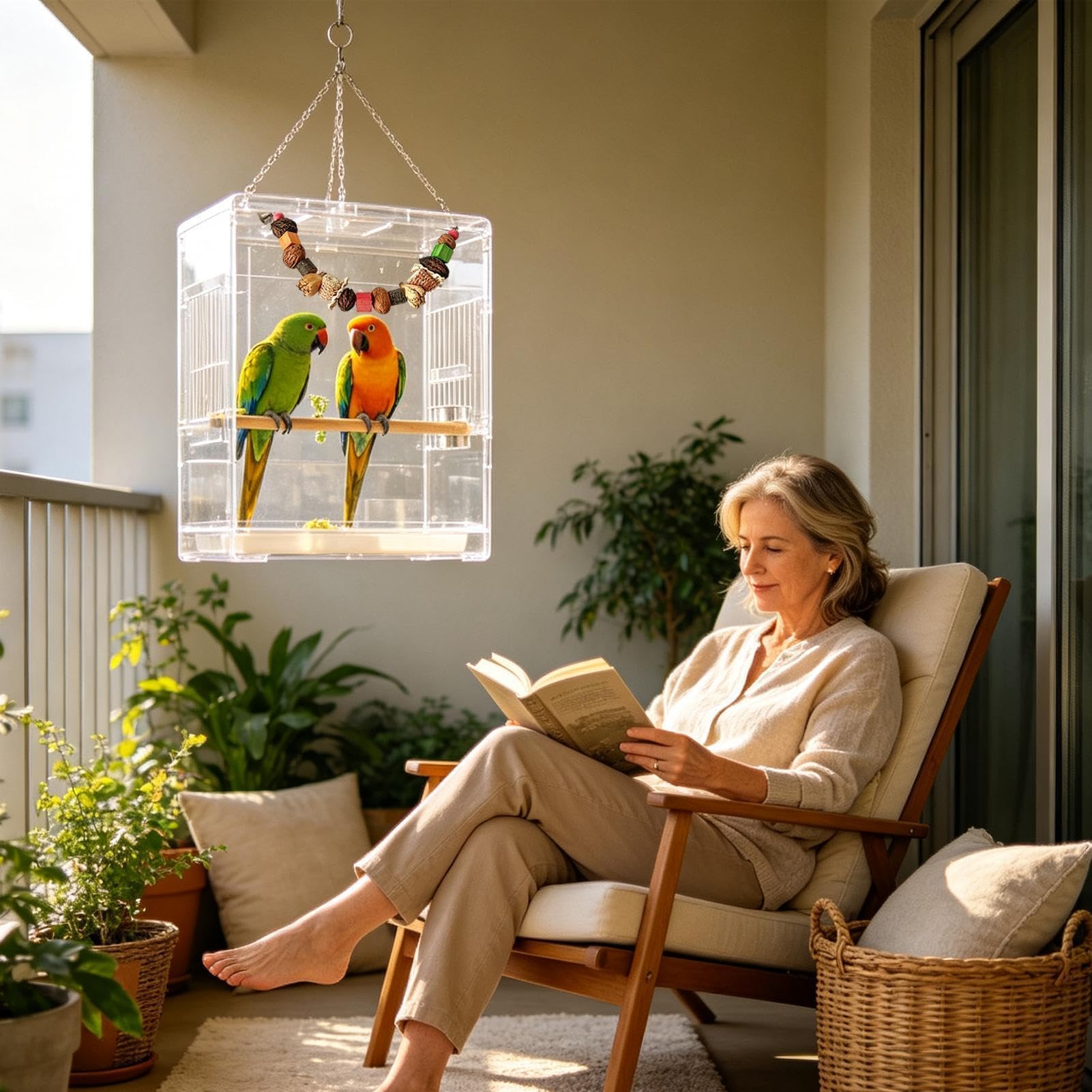 Perchoir à mâcher pour oiseaux 60 cm | Bois naturel, maïs, bloc de noix et corde pour perruches, perroquets – escalade, soulagement du stress, aire de jeux en cage