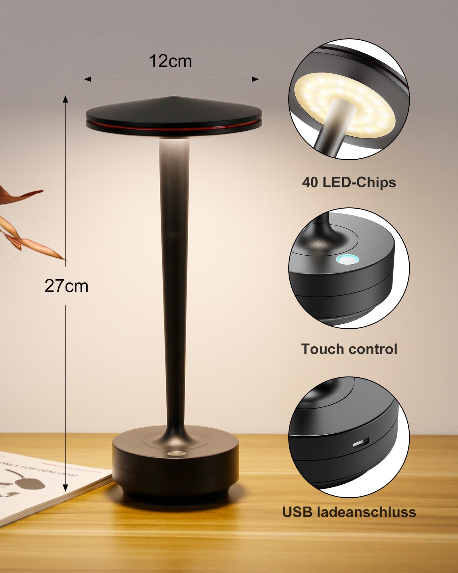 Akku Tischlampe 72h LED Touch Dimmbare Tischleuchte（2 Schwarz） | Tischlampe Outdoor, Akku Tischlampe Aufladbar, Touch Dimmbare, für Restaurant Terrasse, Tragbar Wasserdicht