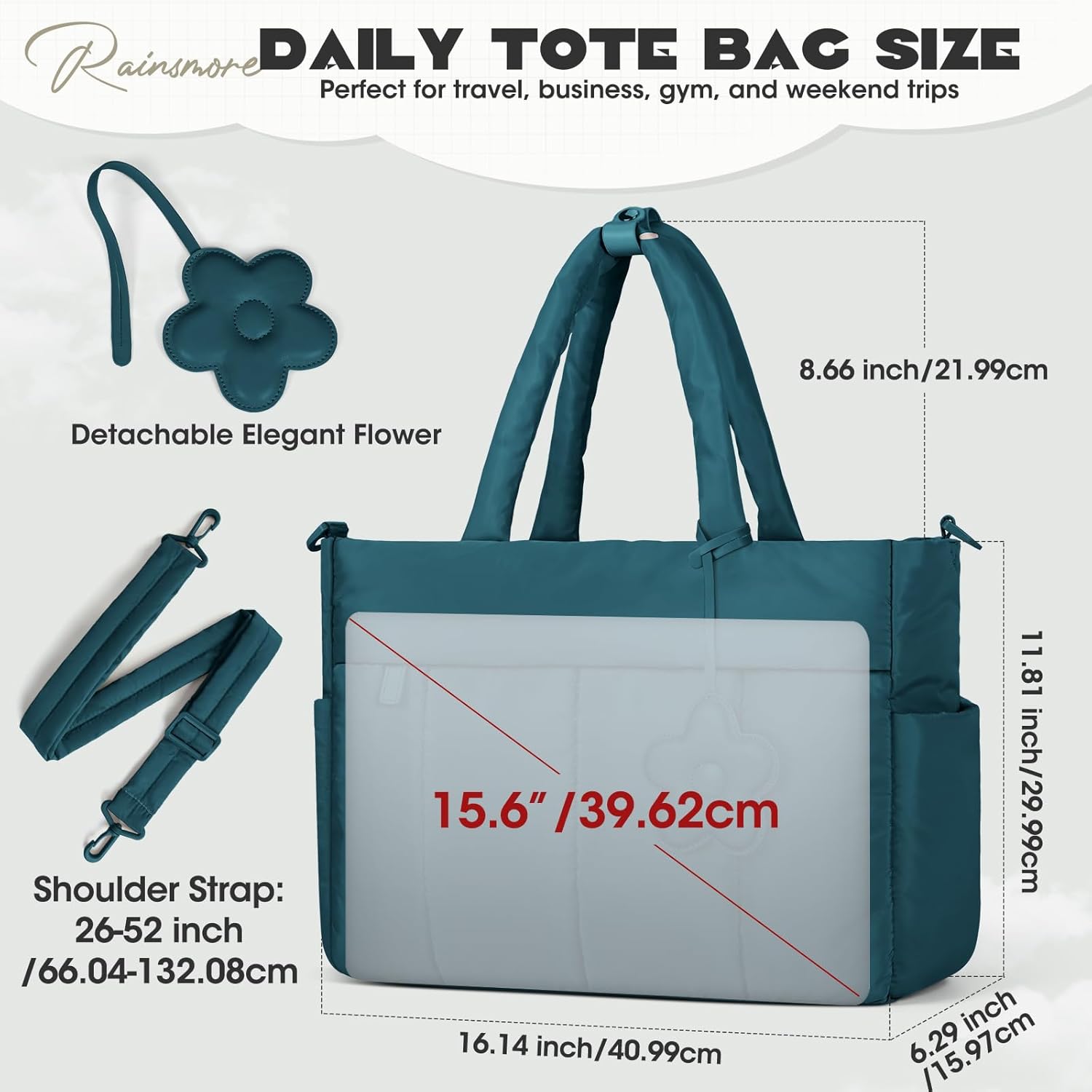 RAINSMORE Tote Bag for Women Lightweight Puffer Tote Bag with Compartments and Shoulder Strap Quilted Travel Bag Nurse Shoulder Bag Handbag Carry On Bag for Travel, Work, Green - Image 5