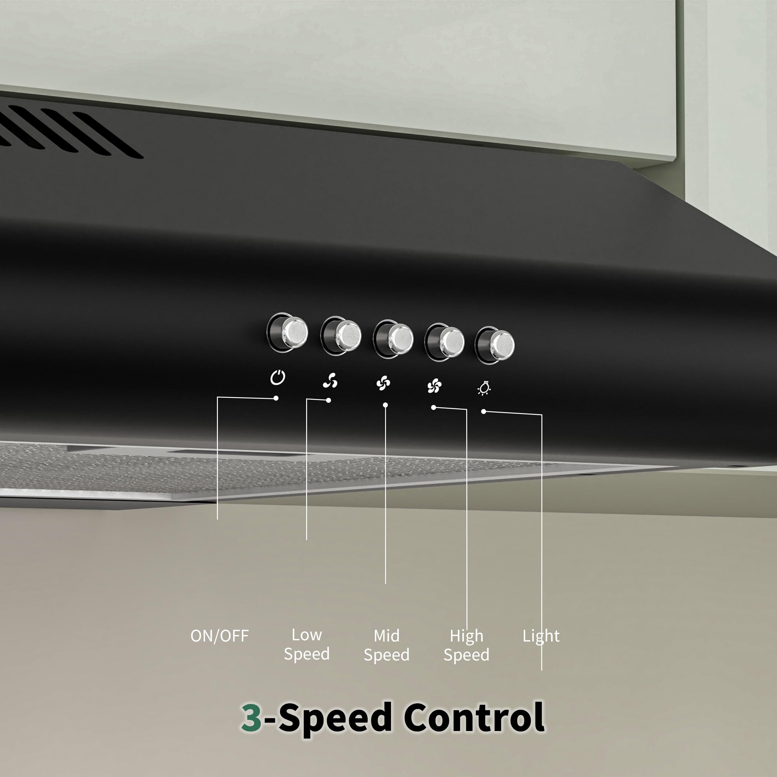 FIREGAS 60cm Black Cooker Hood, 250m³/h Kitchen Extractor with Push Button Control, 3 Speeds, Quiet Brushless Motor, A+ Energy Rating, LED Light, Ducted or Recirculation - 5