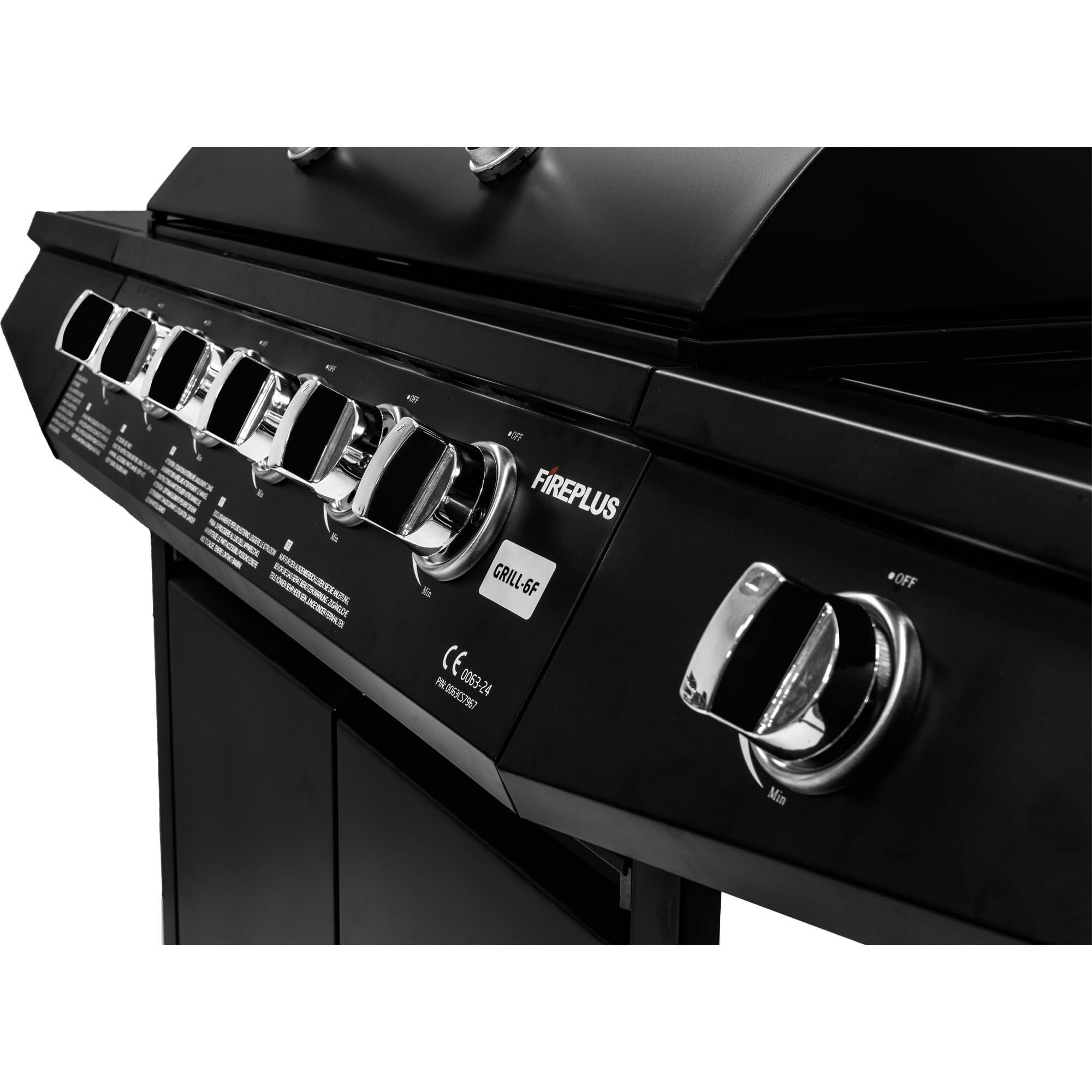 Amig - Barbacoa de gas Fireplus 6+1 de 12,9 kW - Acero inoxidable Negro - Parrilla con ruedas Modelo GRILL-6F - Barbacoa XXL con carro y termómetro - 138x52x103 cm - 7 quemadores y Bandeja lateral
