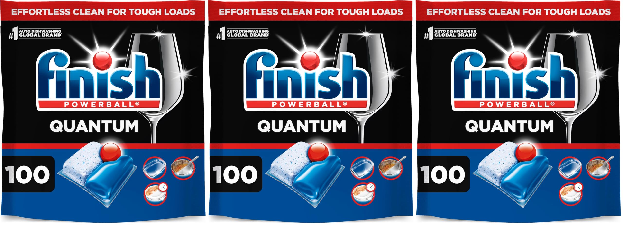 Finish Quantum Dishwasher Pods, No Pre-Rinse Dishwasher Detergent Soap Removes 24HR Dried-On Stain and Grease, Leaving a Virtually Spotless Shine, 100 Count (Pack of 3)