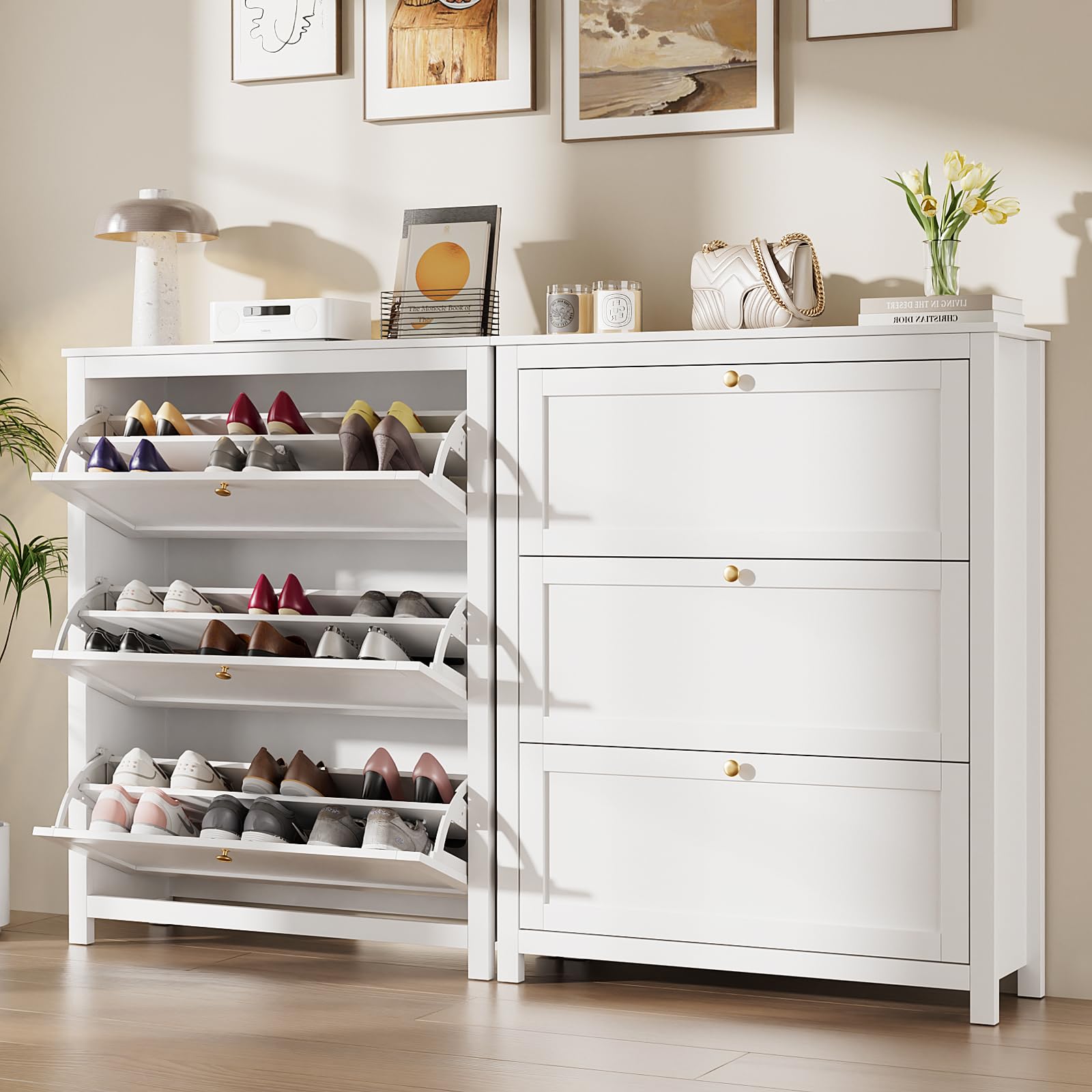 VOWNER 90cm Largo Zapatero 3 Puertas, Mueble Zapatero Estrecho Blanco, Zapatero Estrecho Entrada Recibidor, Blanco, Madera, para Entrada Estrecha, Pasillo, 90 x 30 x 110 cm,