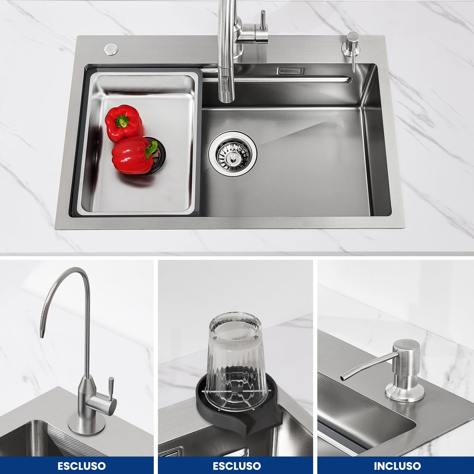 CECIPA Lavandino Cucina 70x45 CM, Lavello Cucina 1 Vasca con Dispenser Sapone, Lavabo Cucina con Vasca Mobile e Tagliere, Lavello in Acciaio Inox 201 con Sifone e Set di Drenaggio