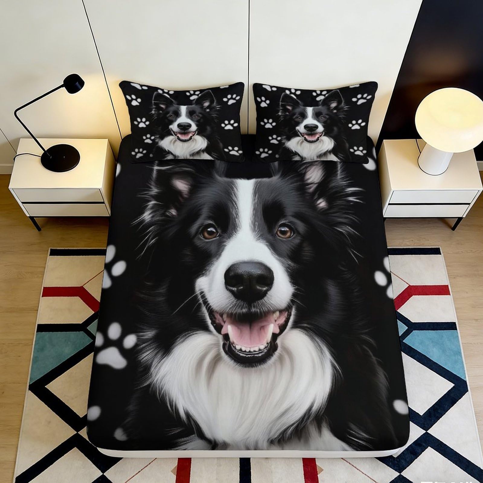 Jqzkxnhpbr Style-10 3D Printed Border Collie Fitted Sheet Microfiber Soft Black White Dog Paw Bed Cover For Bedroom Guestroom Decor 90X200x25cm