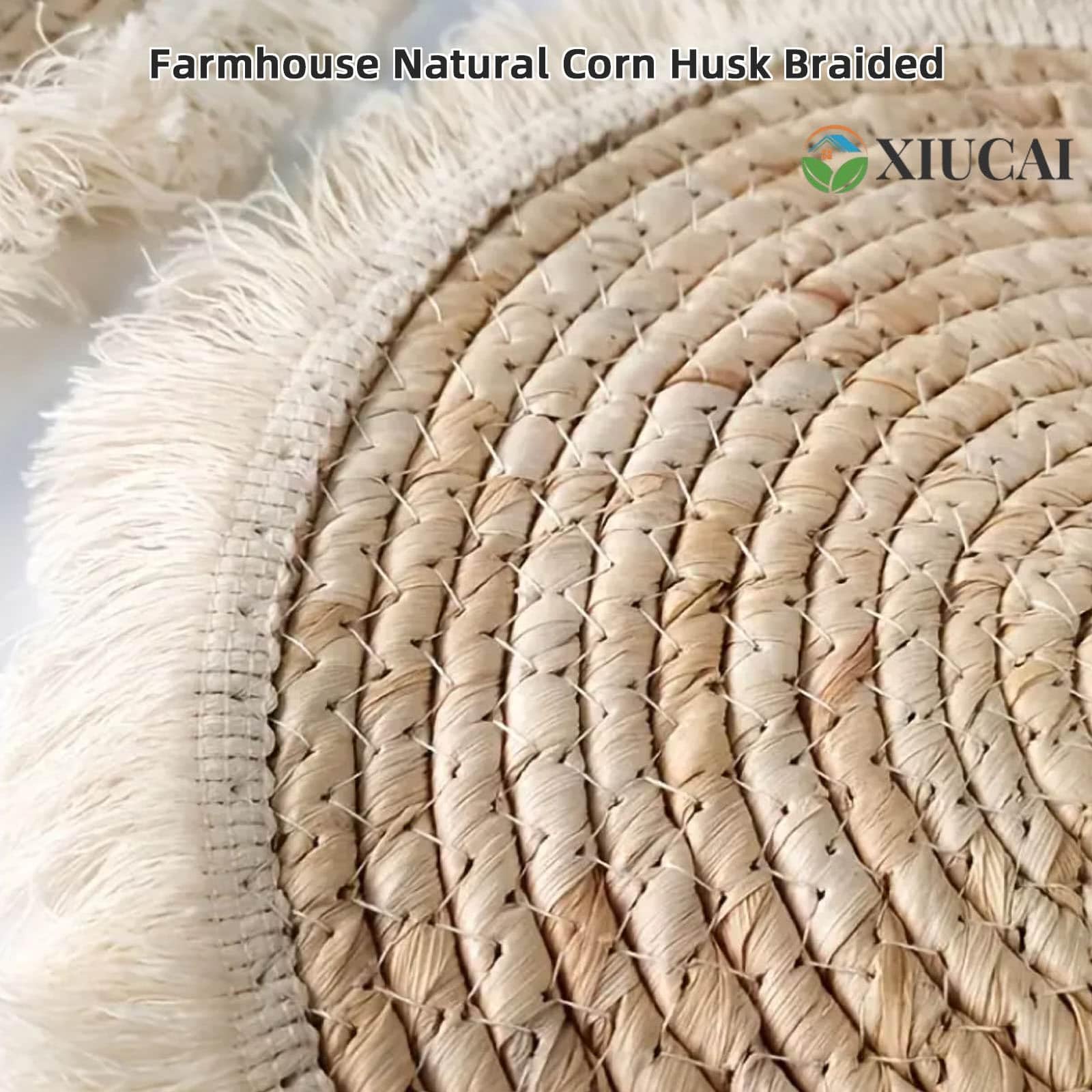 Set di 6 Sottopiatti Rotondi con Nappe - Tovagliette Intrecciate a Mano in Fibra di Mais Naturale Stile Farmhouse Boho Resistente al Calore per Interno Esterno,30cm