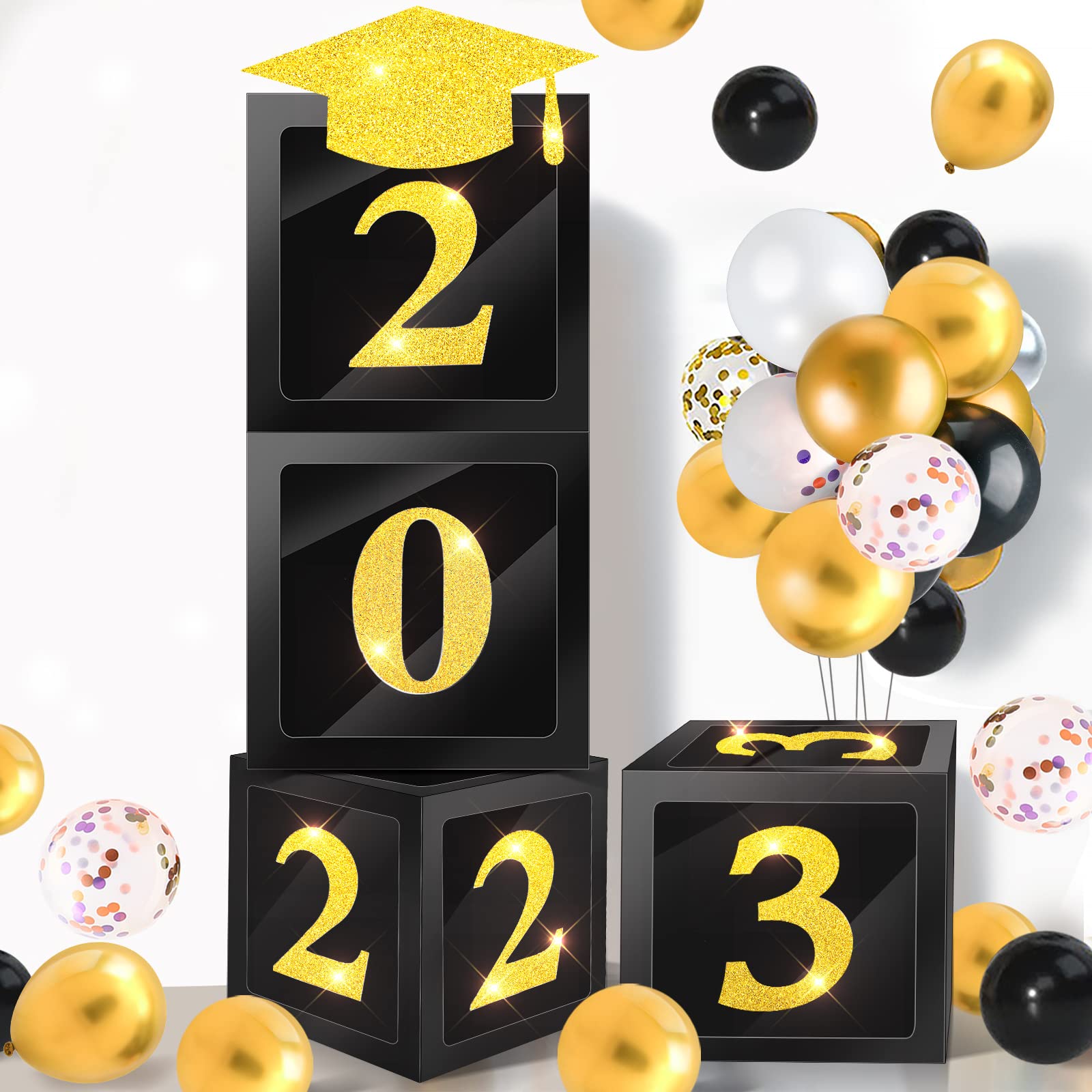 Photo 1 of 4 PACKS OF 4 Pcs Graduation Decorations Class Grad Boxes with Letters 2023 Balloon Measurement Box Black and Gold Graduation Decorations 2023 for Class of 2023 Congrats Grad Elegant Party Decorations