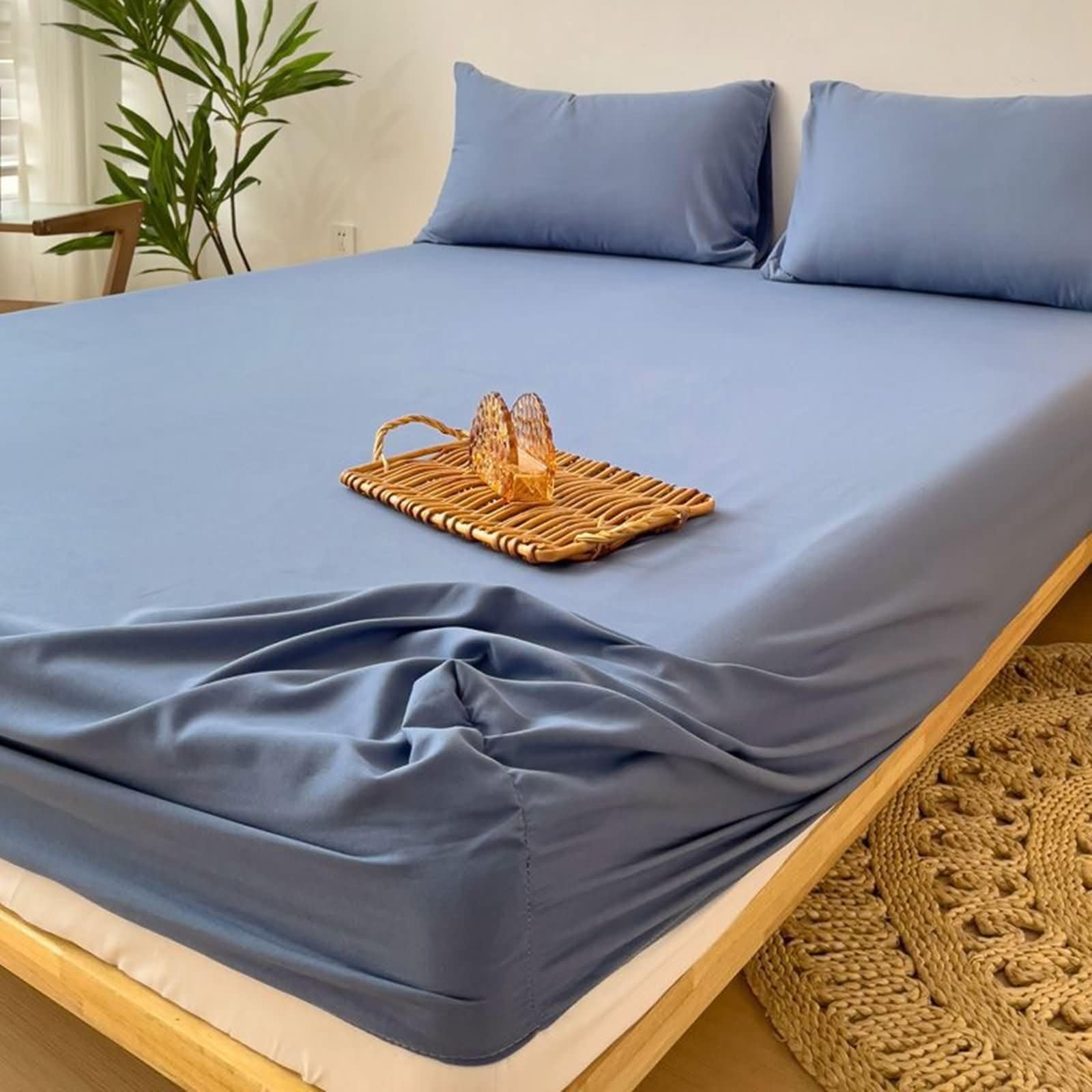 Sabana Bajera Elastica de Fibra de Bambú, Color Sólido, 180 x 200 CM, Bajeras Ajustables Azul