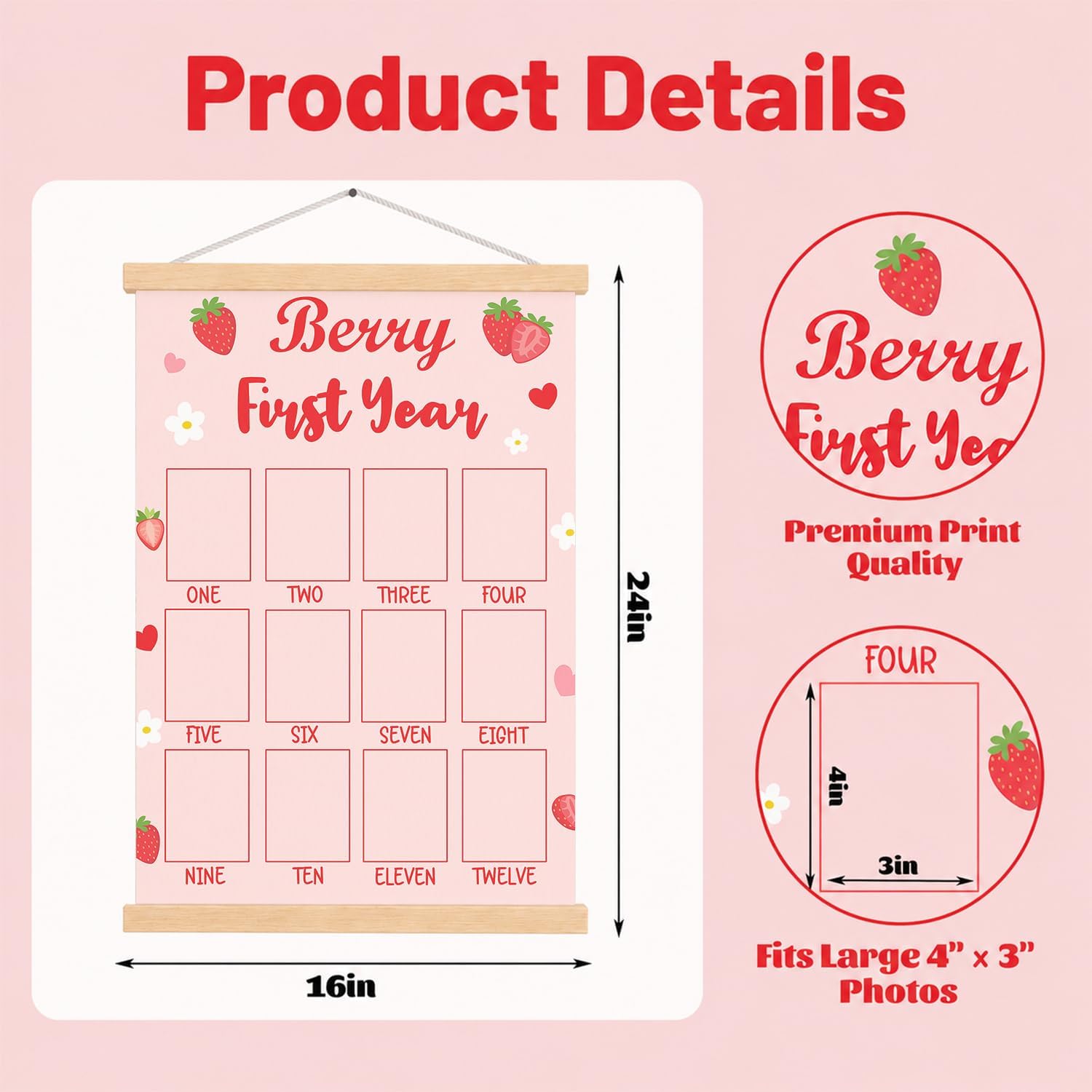 Berry First Year Photo Board Strawberry 1st Birthday Party Decorations image 2
