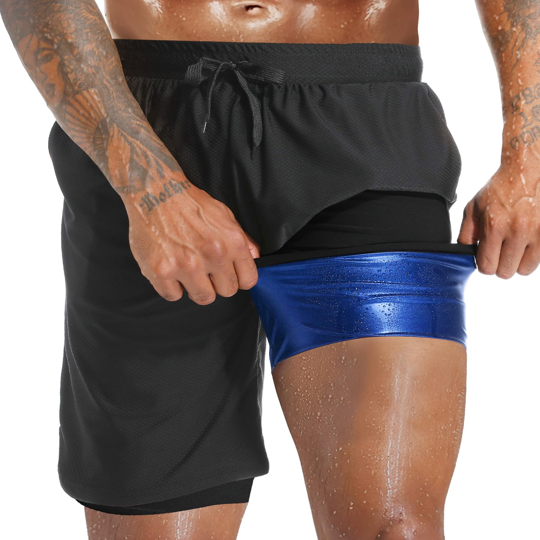 Pantaloncini da sauna da uomo 2 in 1 pantaloncini da sauna da uomo con fodera a compressione pantaloni da allenamento atletici con tasche