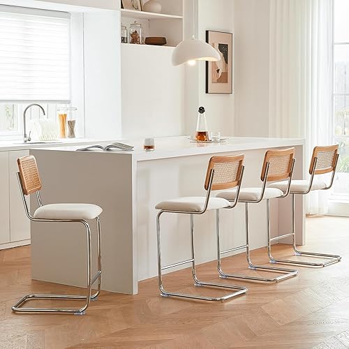 Miniatura 18 de Juego de 2 taburetes de bar de ratán natural con respaldo de madera maciza, taburetes modernos de mediados de siglo de altura de mostrador, taburete