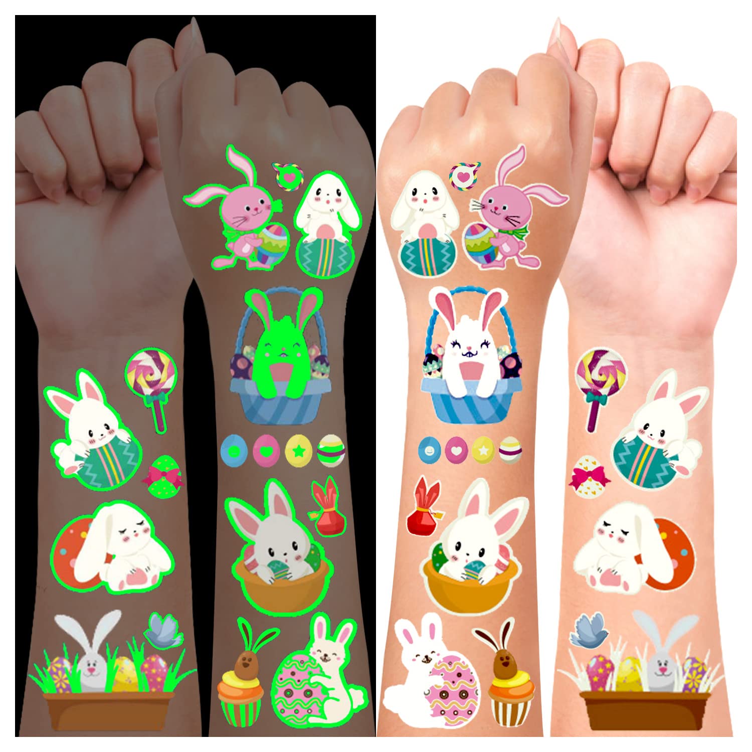 Tatouages Temporaires Pâques HOWAF - 12 Feuilles Qui Brillent Dans Le Noir - Lapins, Œufs, Poussins - Pour Enfants
