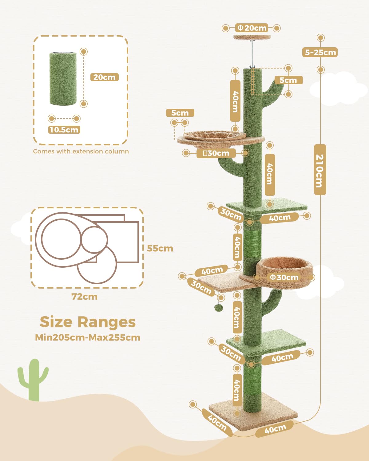 PAWZ Road Albero per gatti a forma di cactus dal pavimento al soffitto, 5 spaziose piattaforme, torre per gatti con tiragraffi spessi 10,5 cm, amaca sostituibile e palline pendenti per gatti interni