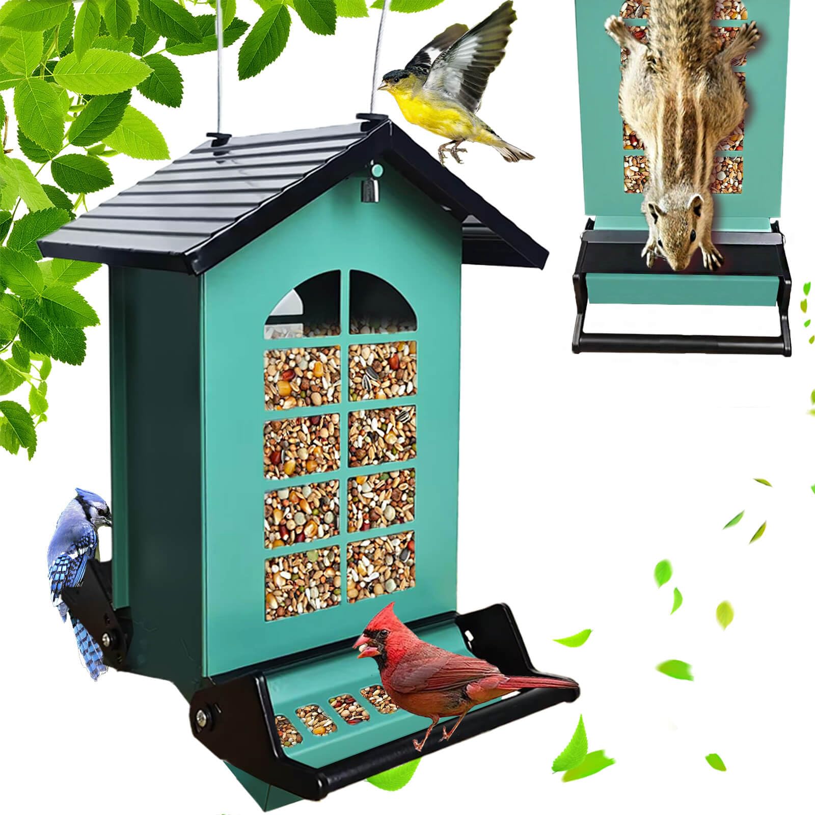Comedero para pájaros a prueba de ardillas, comederos de pájaros para exteriores con perchas activadas por peso, a prueba de masticaciones, gran capacidad de 5 libras, comederos de metal para