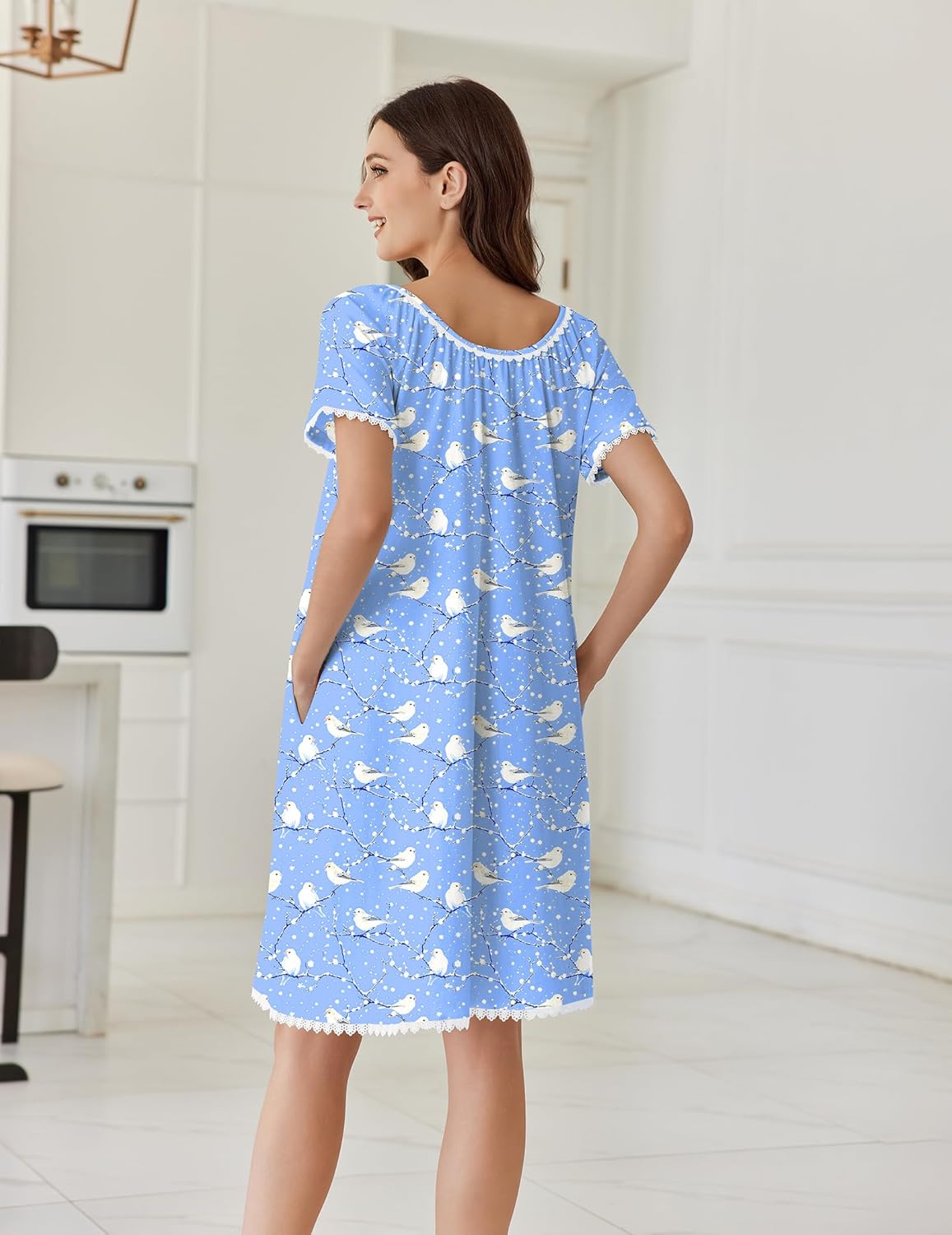 Ekouaer Cotton Nightgowns for Women Lace Trim Sleep Shirts Short Sleeve Night Shirts Sleep Dress with Pockets - Image 4