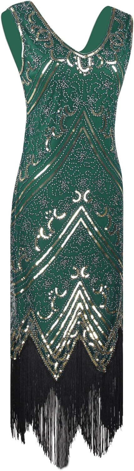 Stone 1920S Mermaid Flapper Gown Party Evening Dress With 20S Accessories Set, Style Flower Gold Green, Large