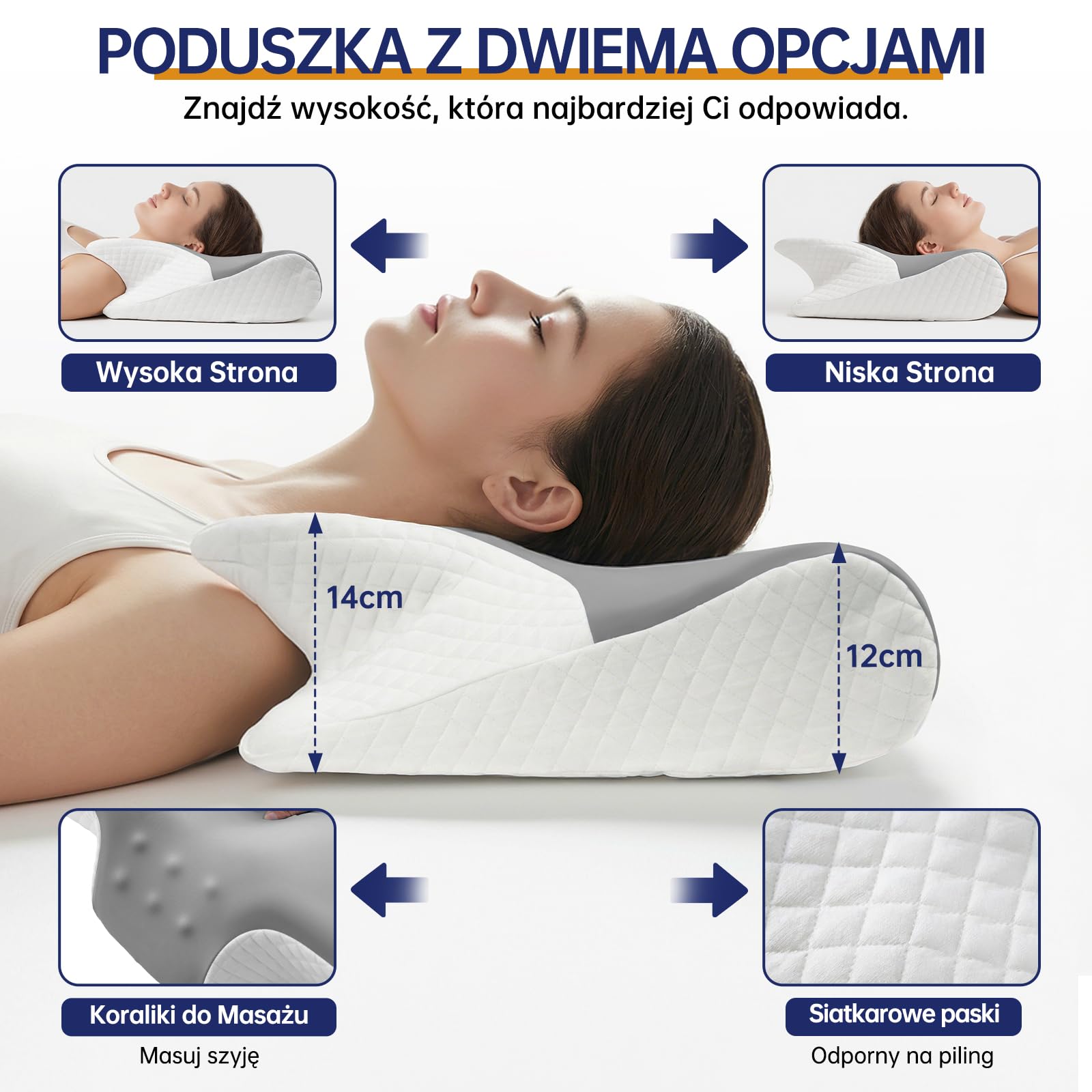 Ergonomiczna Poduszka Pod Kark 2 w 1, Poduszka z Pianki Plecach i Brzuchu, Poduszka Ortopedyczna do Spania Dla Osób Śpiących na Plecach, na Boku i na Brzuchu - 60x43x14/12cm Jasnoszary
