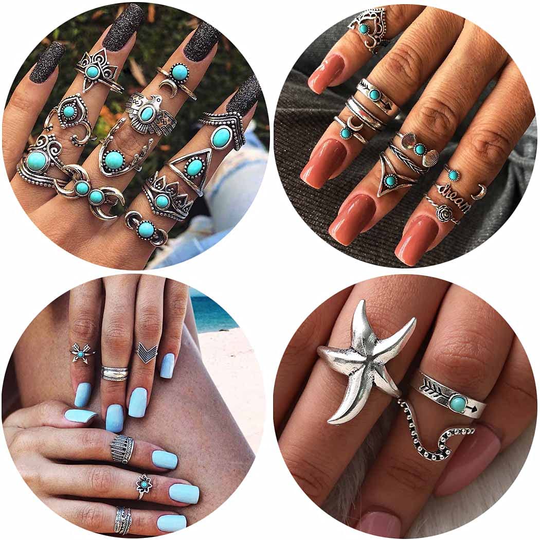 VFloweeBoho Crystal Knuckle Rings Set Gemstone Vintage Stackable Finger Rings Midi Ring for Women Hollow Carved Flowers Gold&Silver Ring Crystal Joint Rings