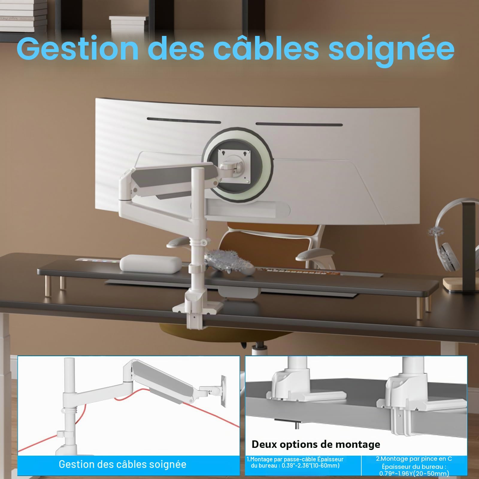 Support Ecran PC Bras pour Moniteurs de 17 à 60 Pouces Capacité 2-20kg, Bras Ecran PC avec Incline Pivote Tourne Rotatif à 360°, Réglage Hauteur sans Outil, VESA 75/100mm, Blanc, H9W