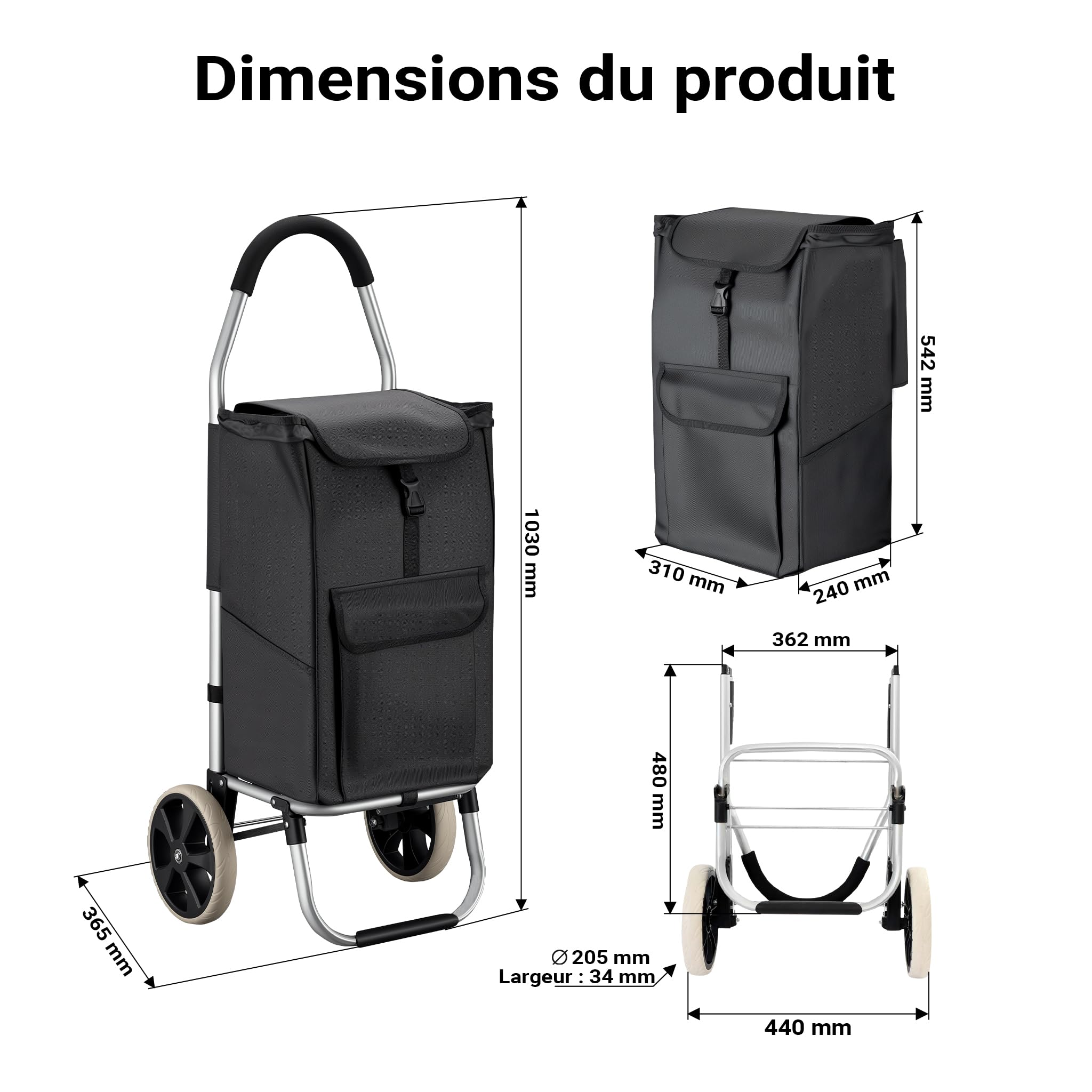 Wiltec Chariot de Course sur Roues – 36,5 x 44 x 103 cm – Pliable à 42 x 21 x 54 cm – Capacité de Poids 40 kg – en Aluminium et Polyester – Caddie de Course, Chariot Roulette Course