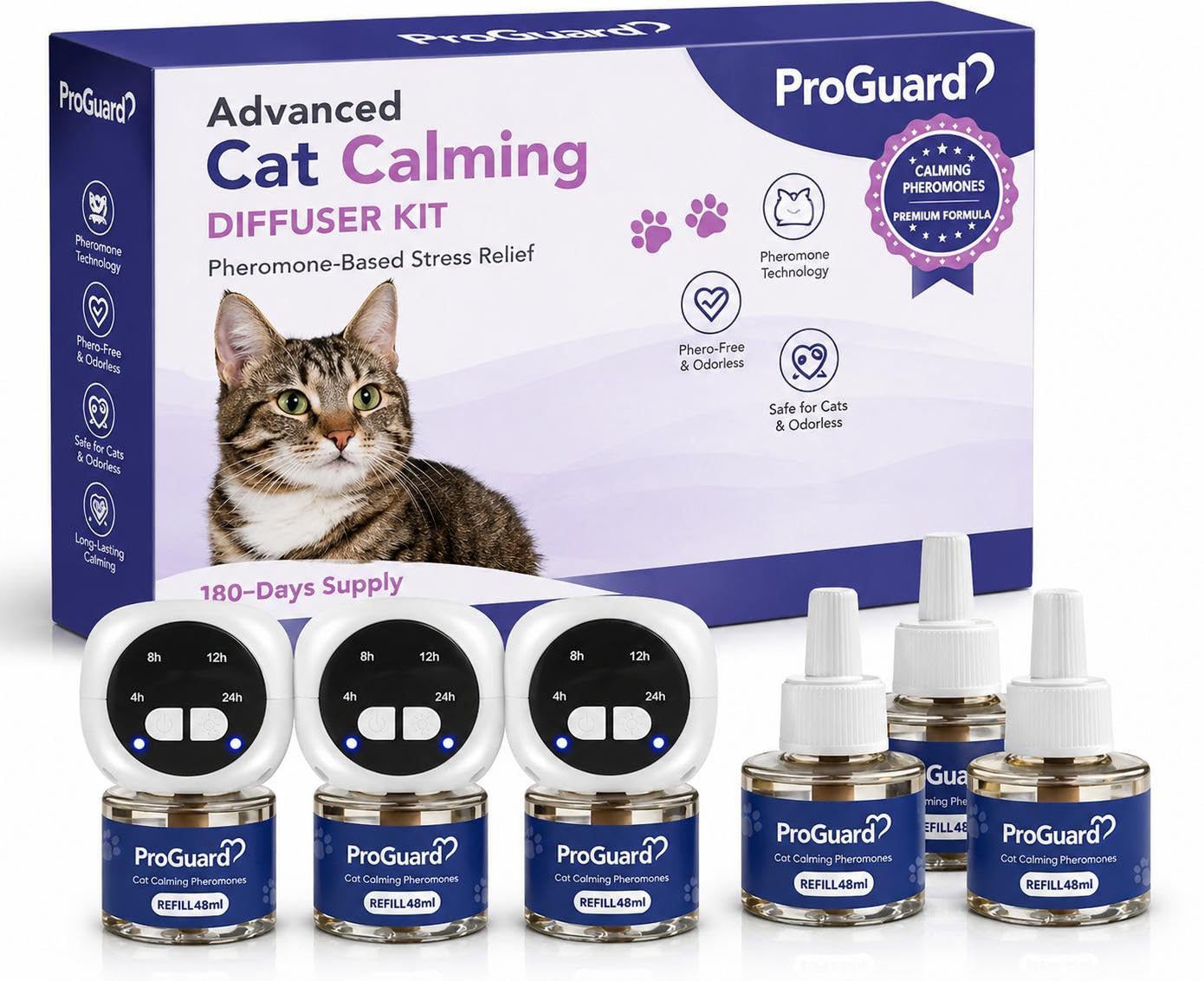 ProGuard® Difusor de Feromonas Calmantes para Gatos | Kit 3 Difusores con Temporizador + 6 Recambios (48 ml) | Solución Natural para Ansiedad y Estrés en Gatos y Gatitos, hasta 180 Días de Duración